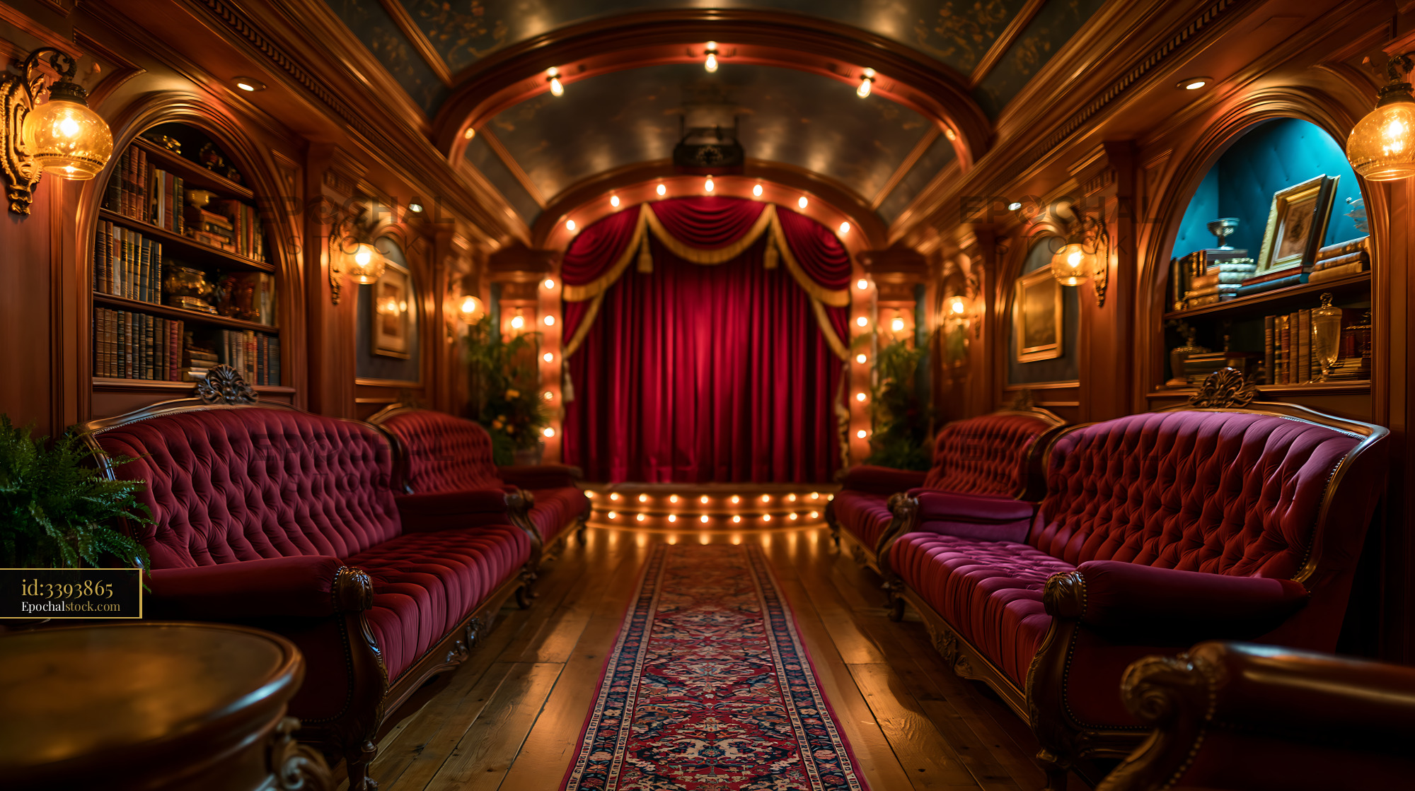 Classic Hollywood Style Basement Theater Interior With Red Curtains - stock photo