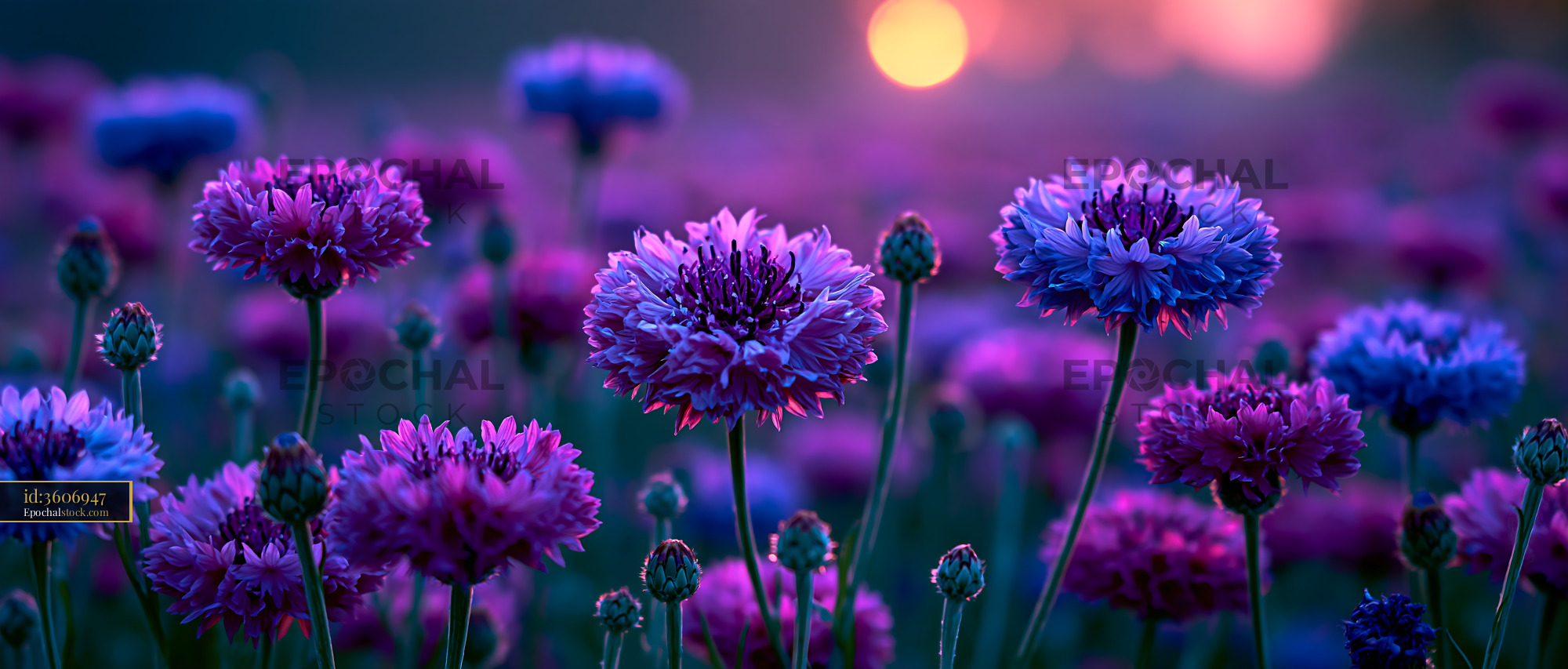 Flowers Bloom in Purple Hues Under Evening Light - stock photo