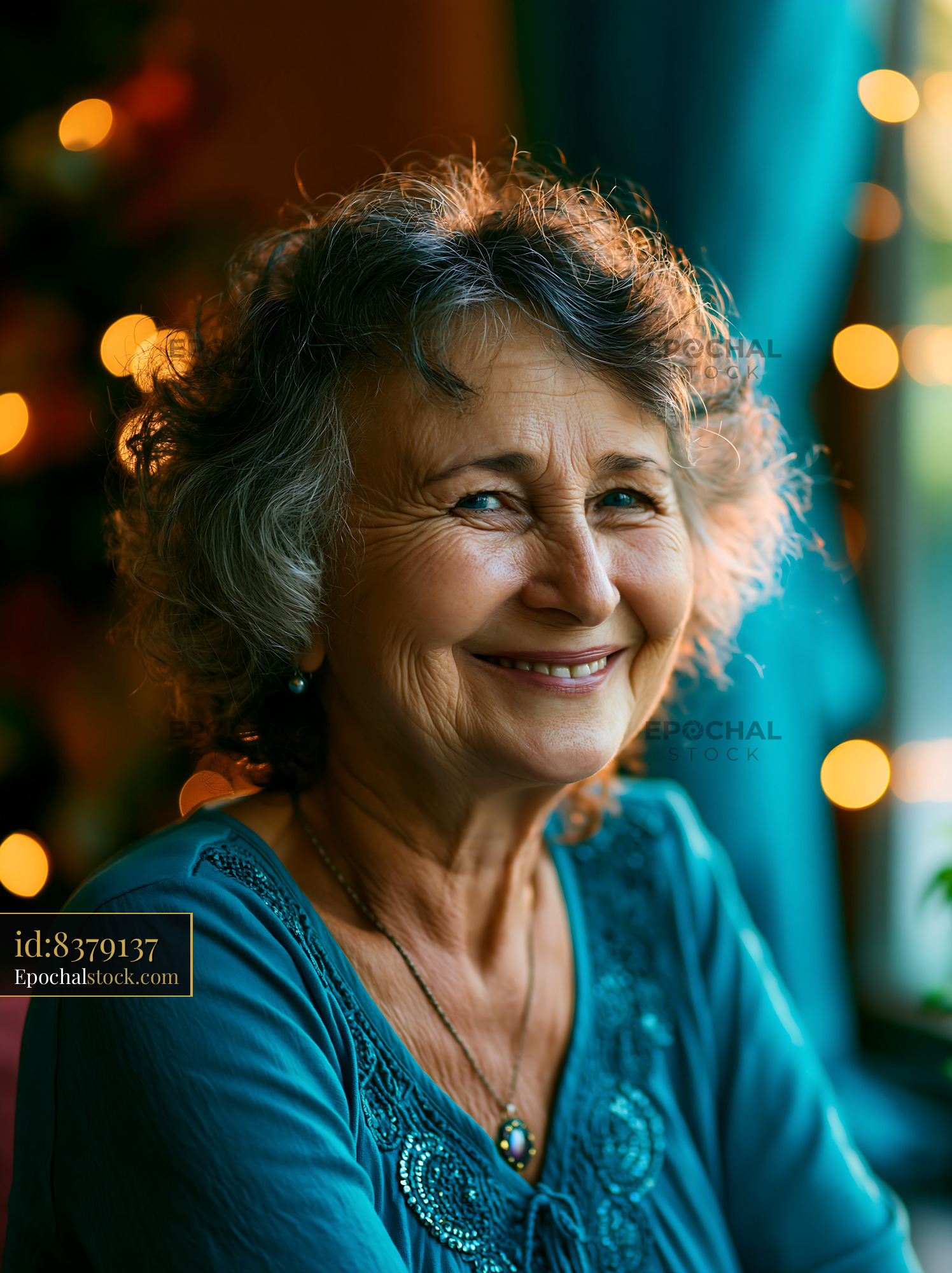 Watermarked full-resolution preview of Smiling older woman with curly hair and holiday decorations