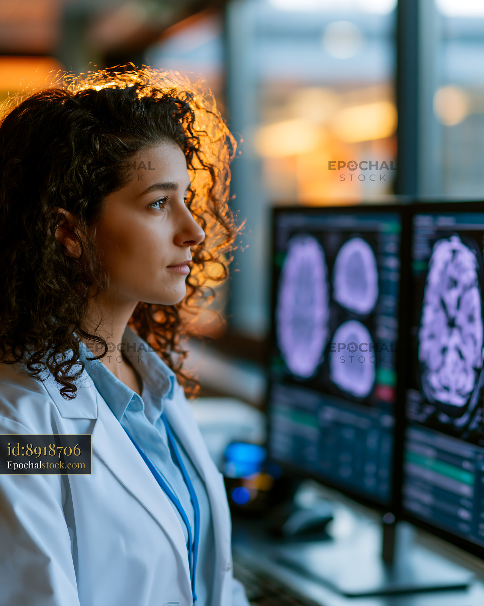 Watermarked full-resolution preview of Medical professional examining brain scans in a lab