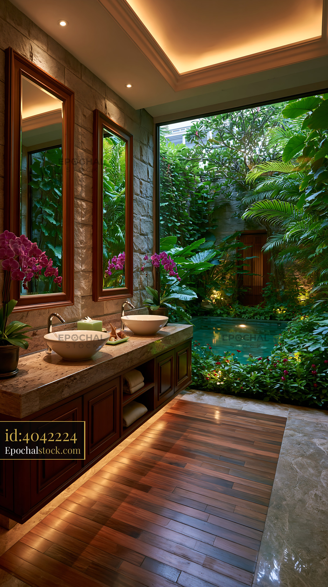Watermarked full-resolution preview of Luxurious bathroom with plants and natural light
