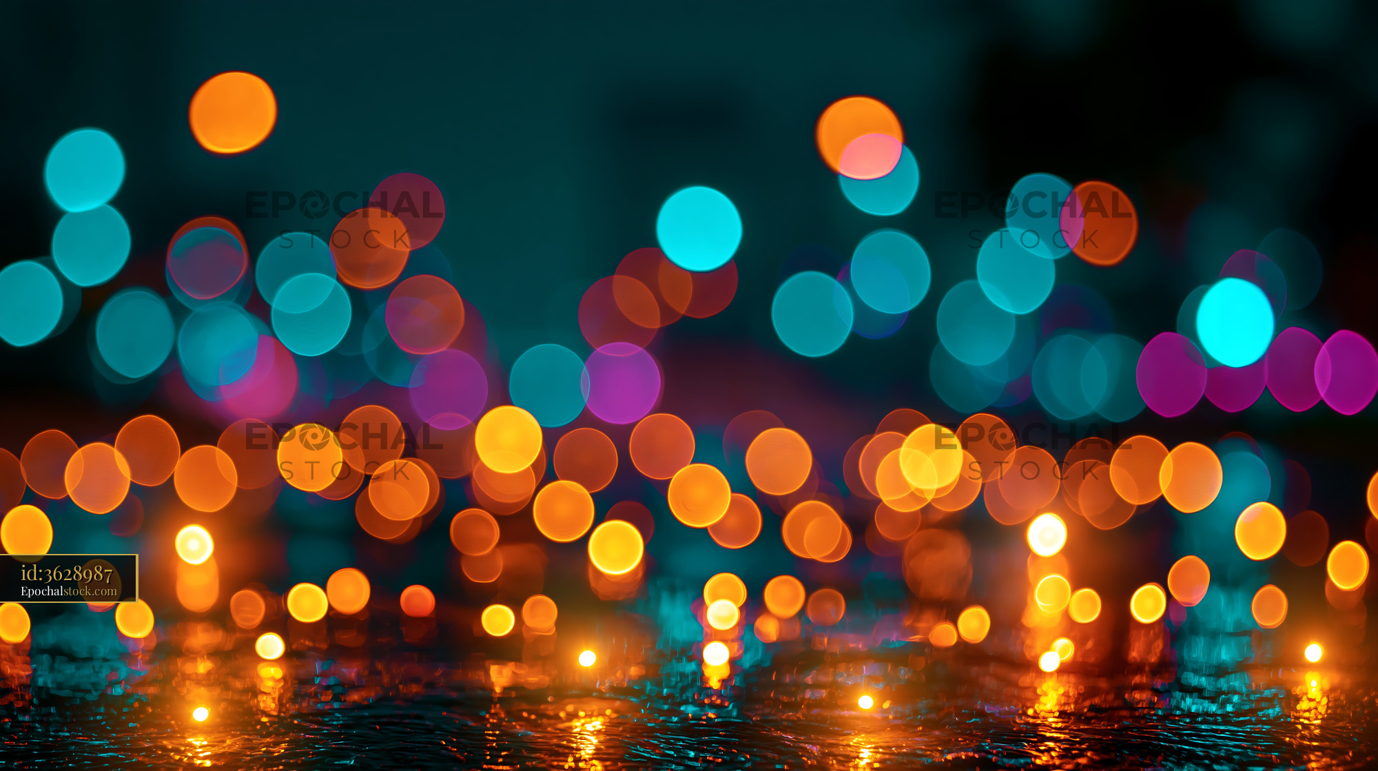 Watermarked full-resolution preview of Colorful bokeh lights at night near a wet surface