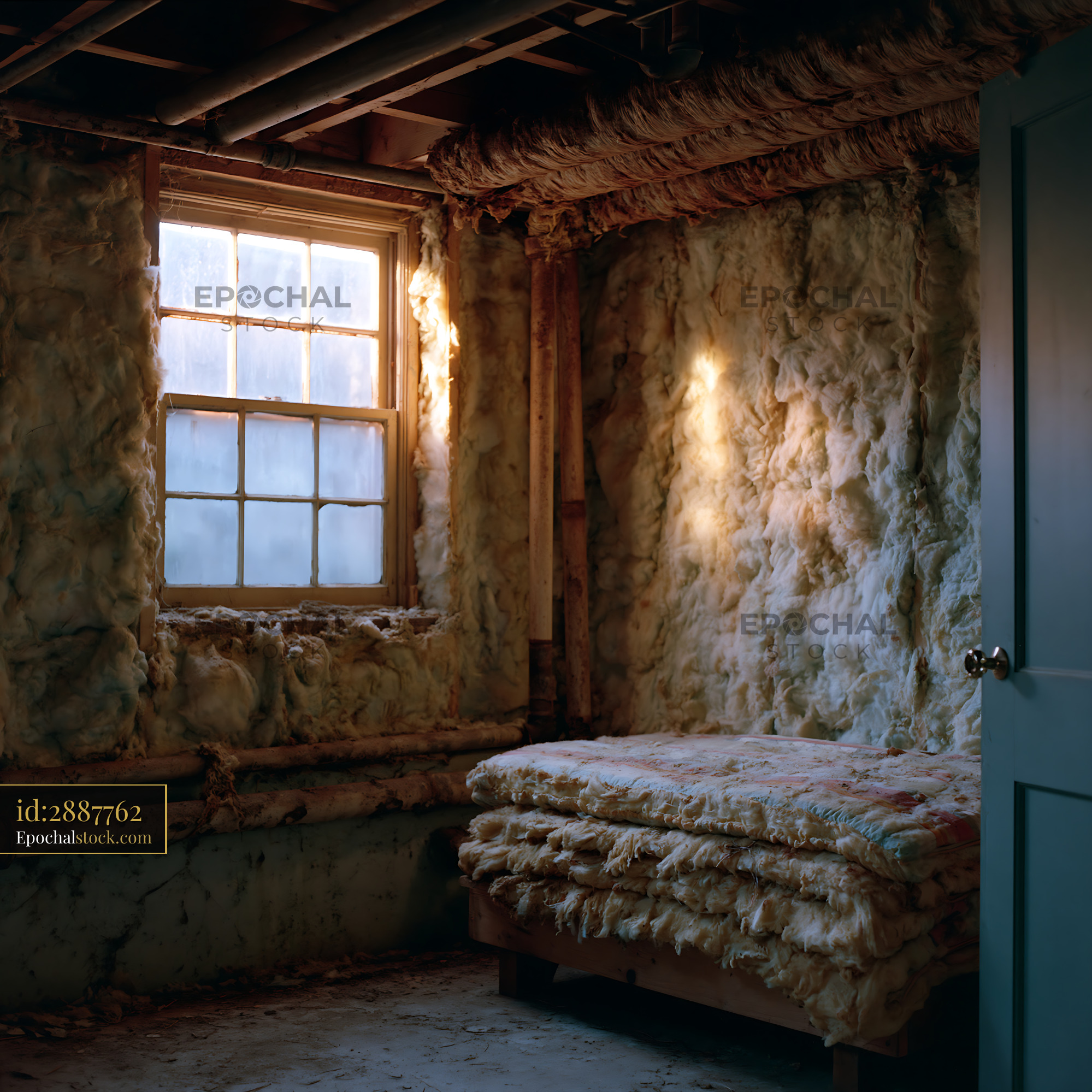 Watermarked full-resolution preview of Old room with a window and a bed made of soft material