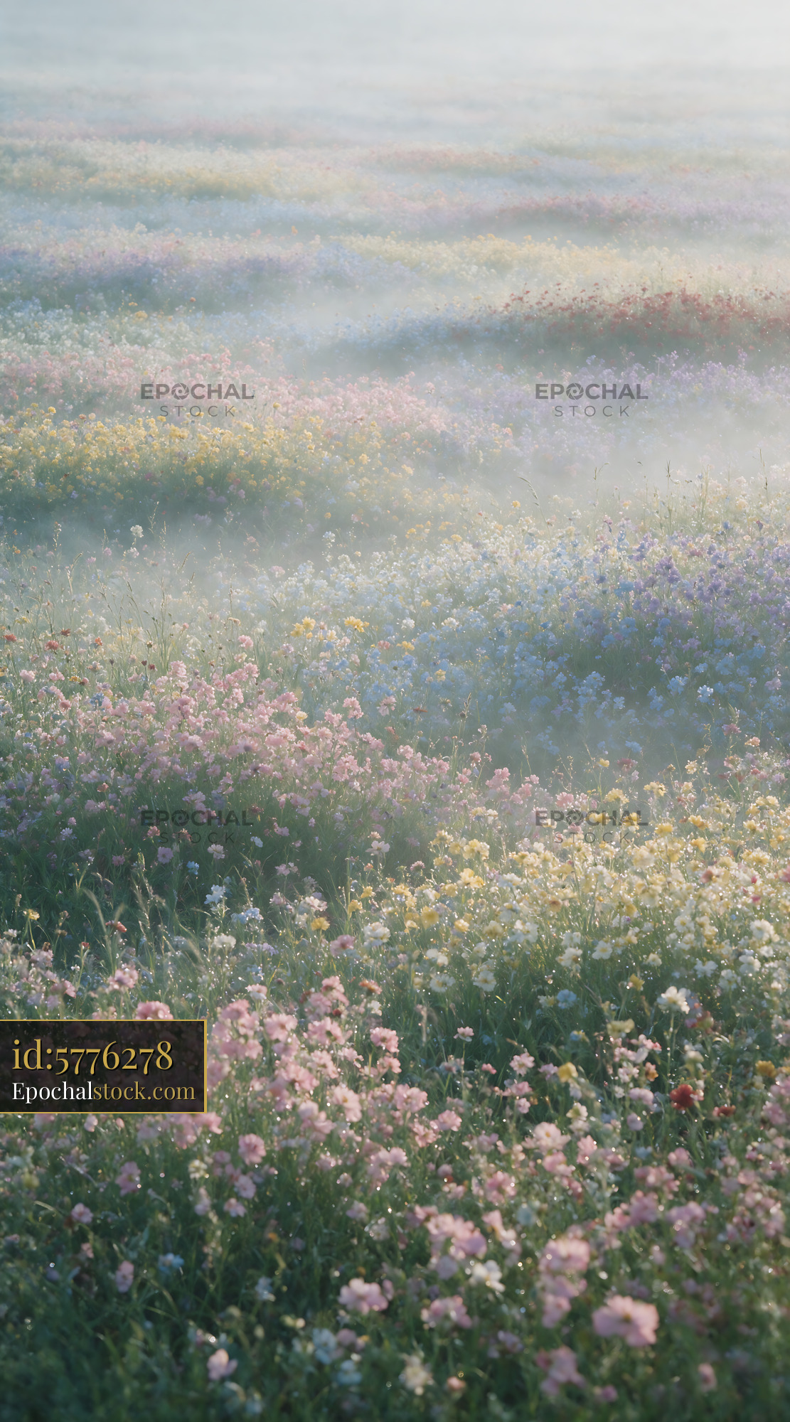 Watermarked full-resolution preview of Colorful wildflower field in morning mist