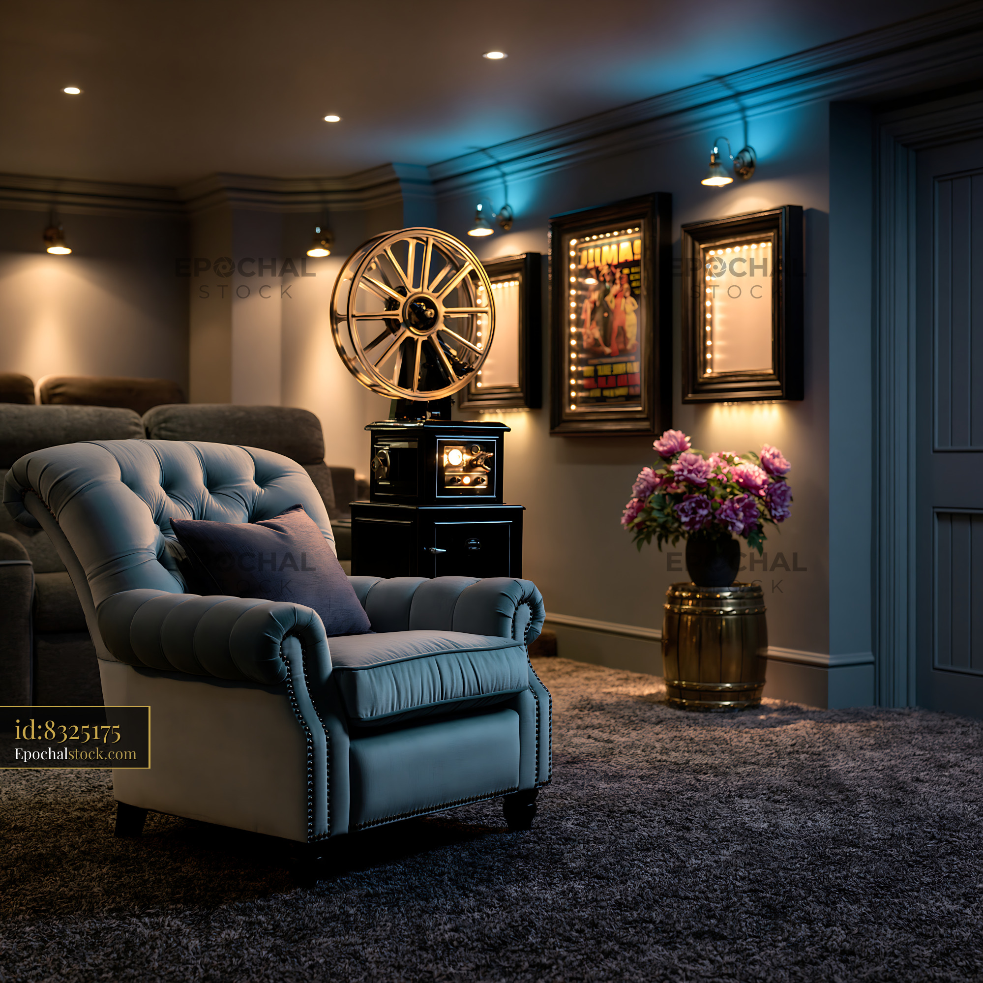 Watermarked full-resolution preview of Cozy home theater setup with comfortable armchair and decor