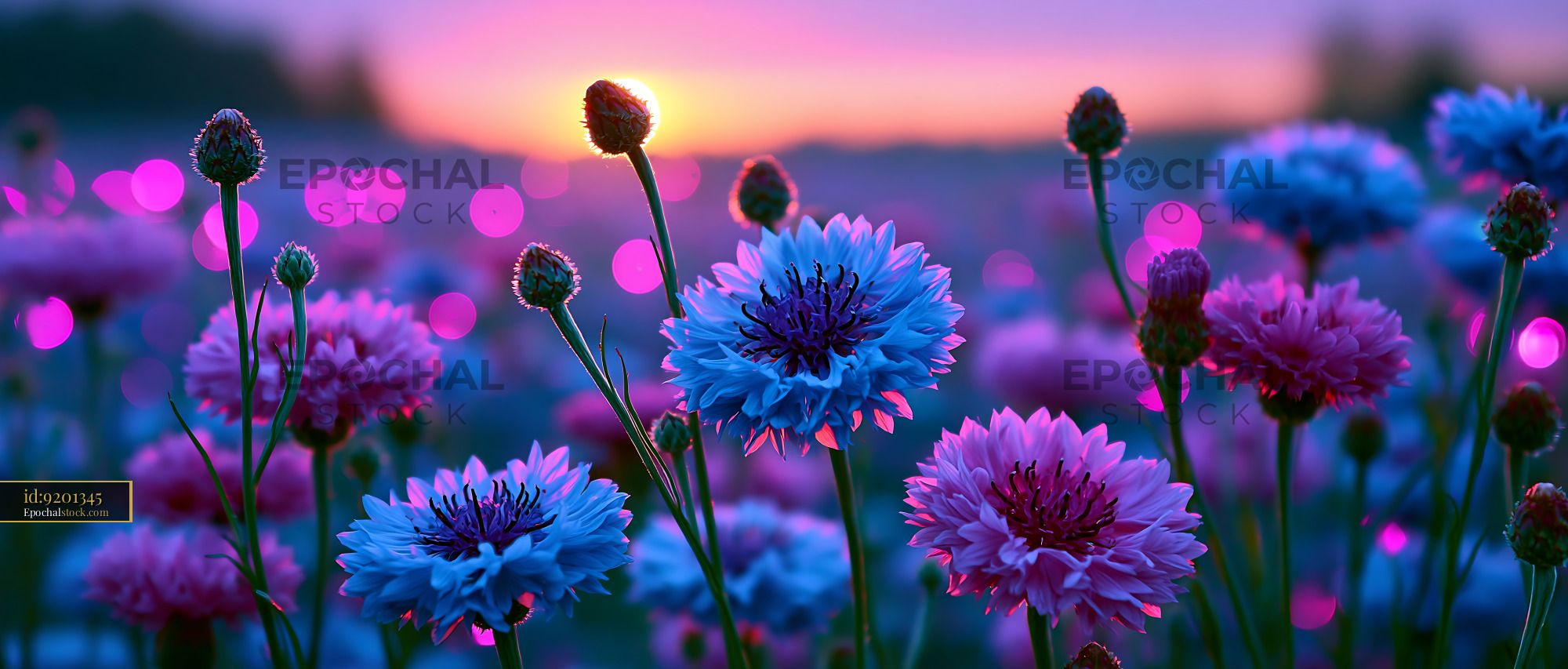 Watermarked full-resolution preview of Colorful flowers in a field during sunset