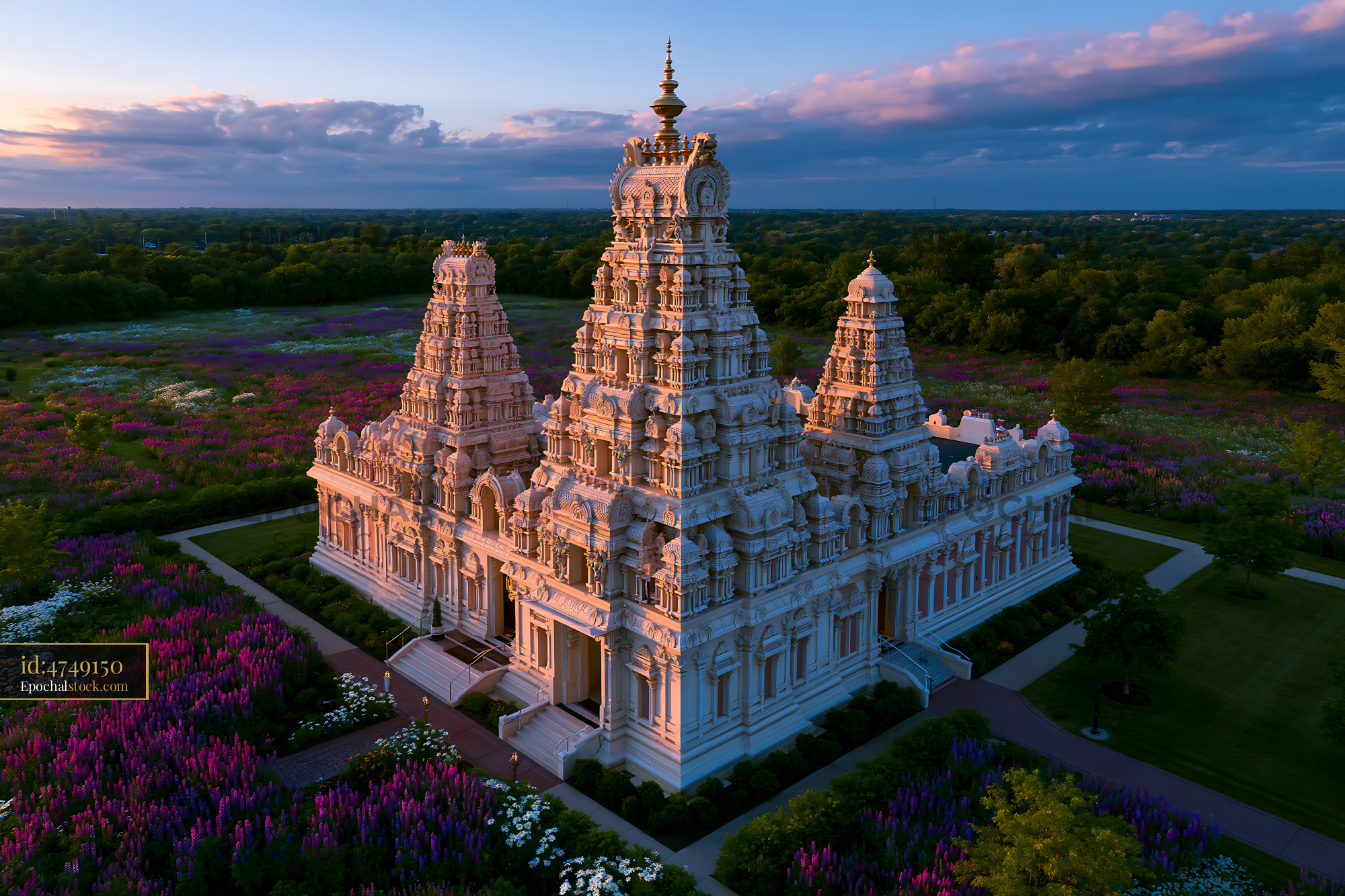 Watermarked full-resolution preview of Breathtaking aerial view of a Hindu temple surrounded by flowers