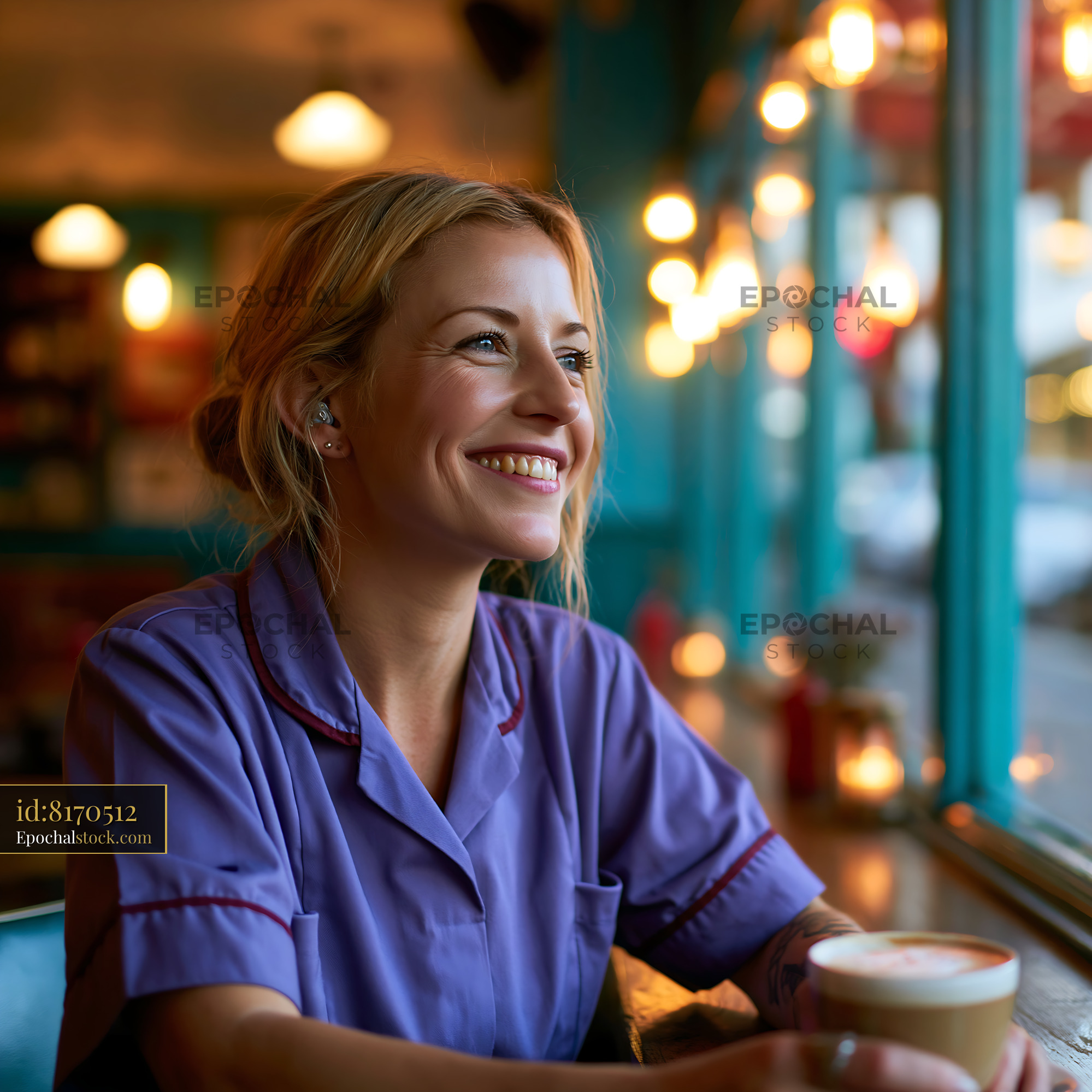 Watermarked full-resolution preview of Smiling woman sitting near window in a cafe with coffee