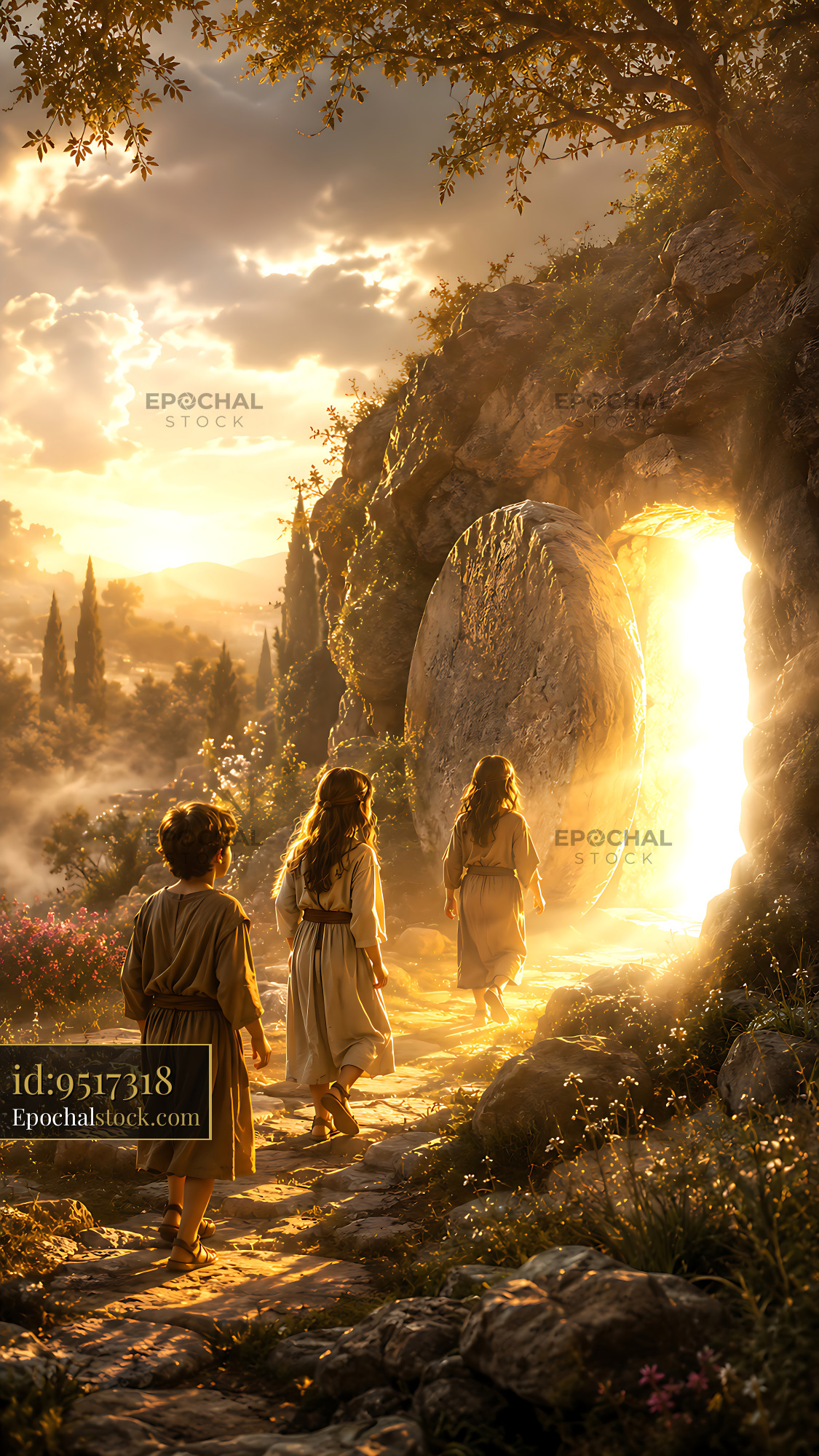 Watermarked full-resolution preview of Children walk towards a glowing door in a rocky landscape