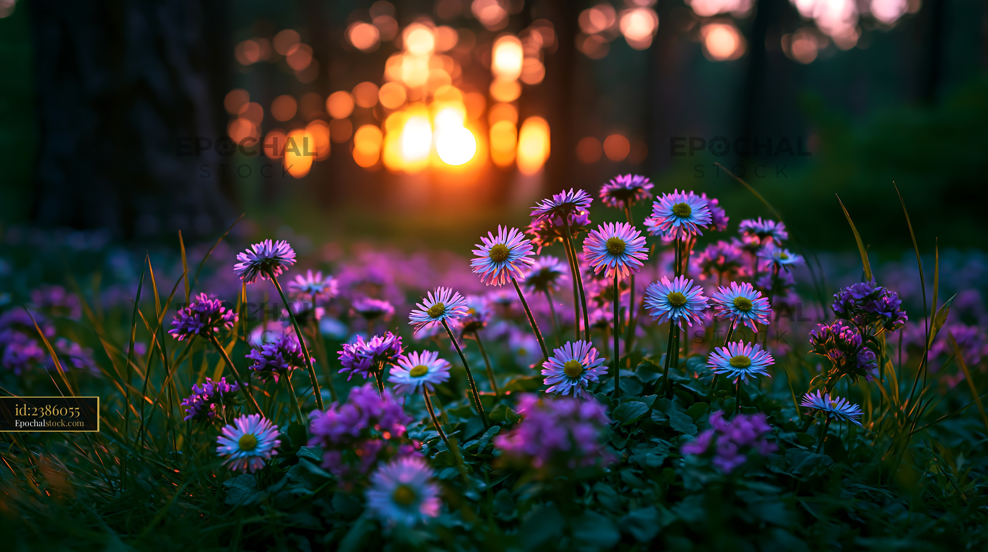 Watermarked full-resolution preview of Bright flowers in a forest at sunset