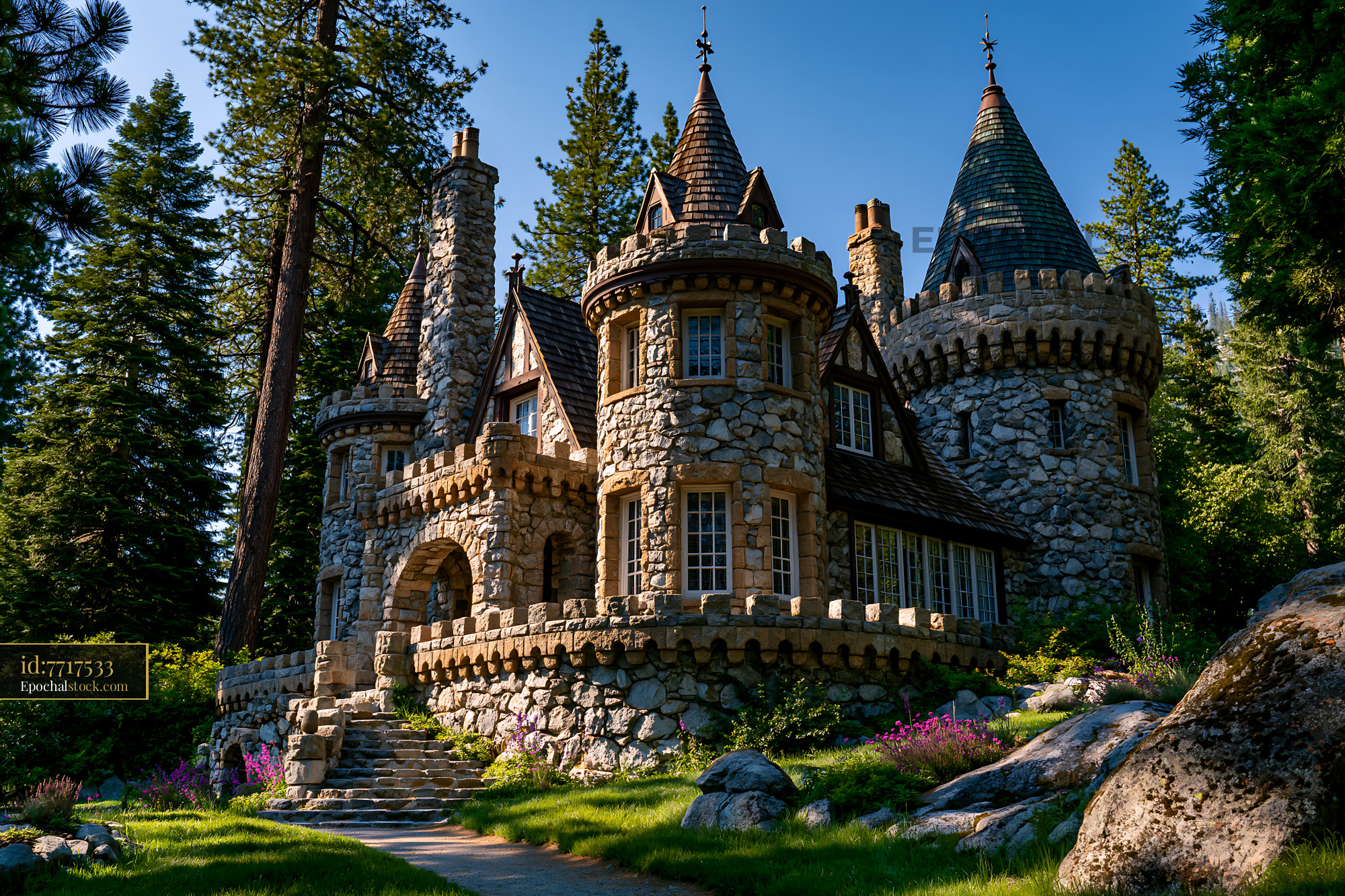 Watermarked full-resolution preview of Stone castle with towers surrounded by trees located in a forest