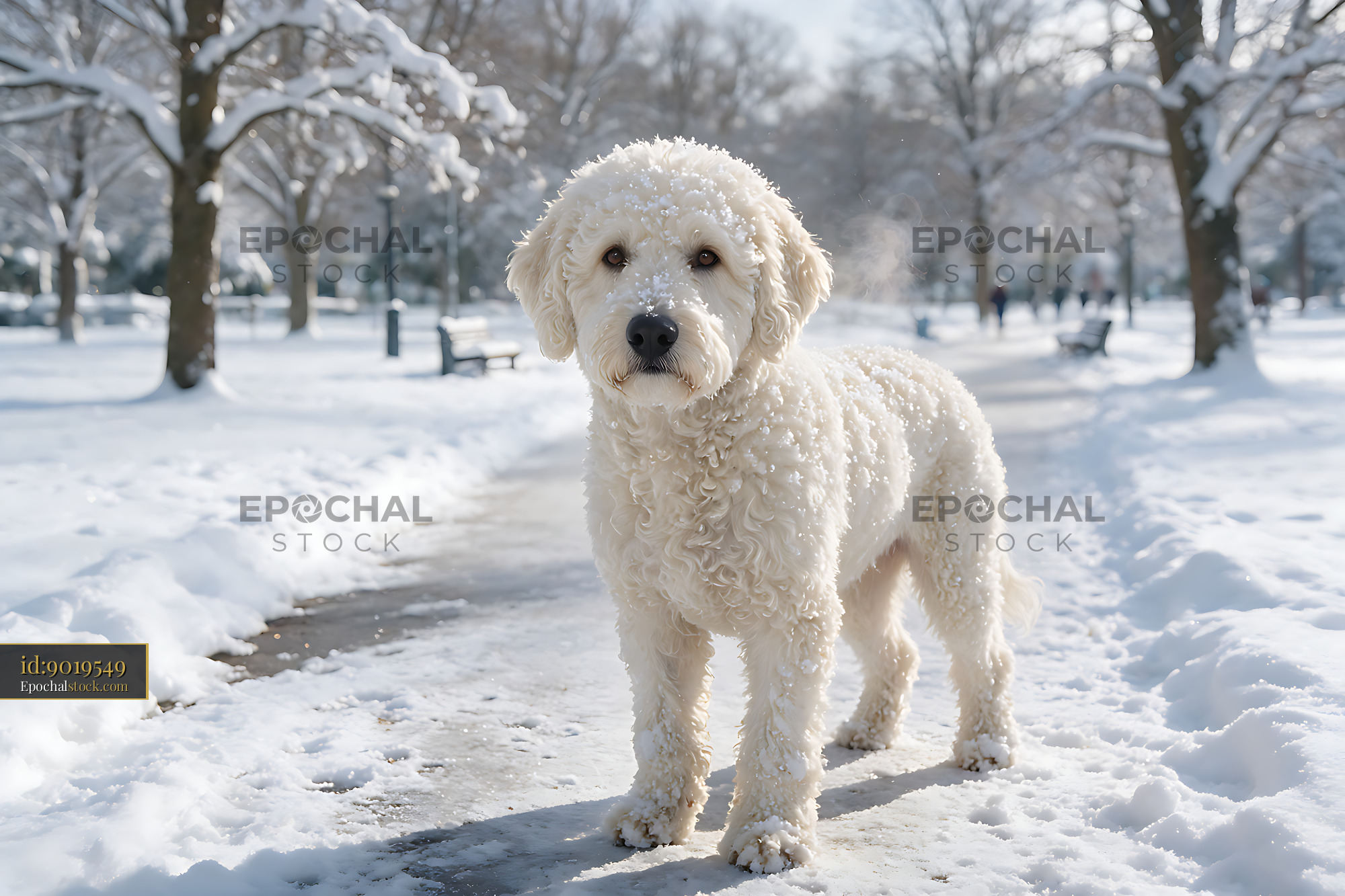 Watermarked full-resolution preview of White dog with curly fur in a snow-covered park