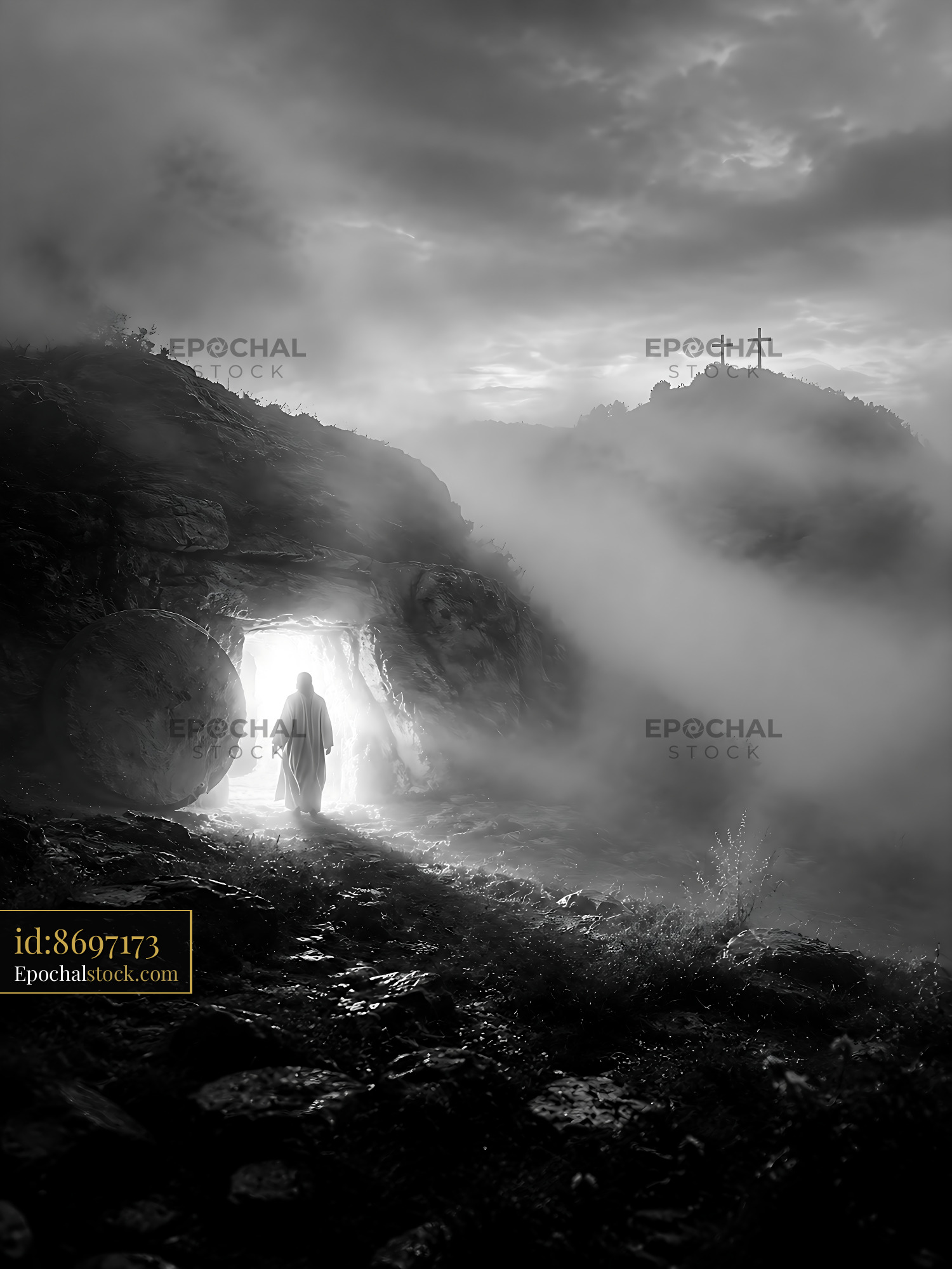 Watermarked full-resolution preview of Person walking out of cave into light with crosses in background