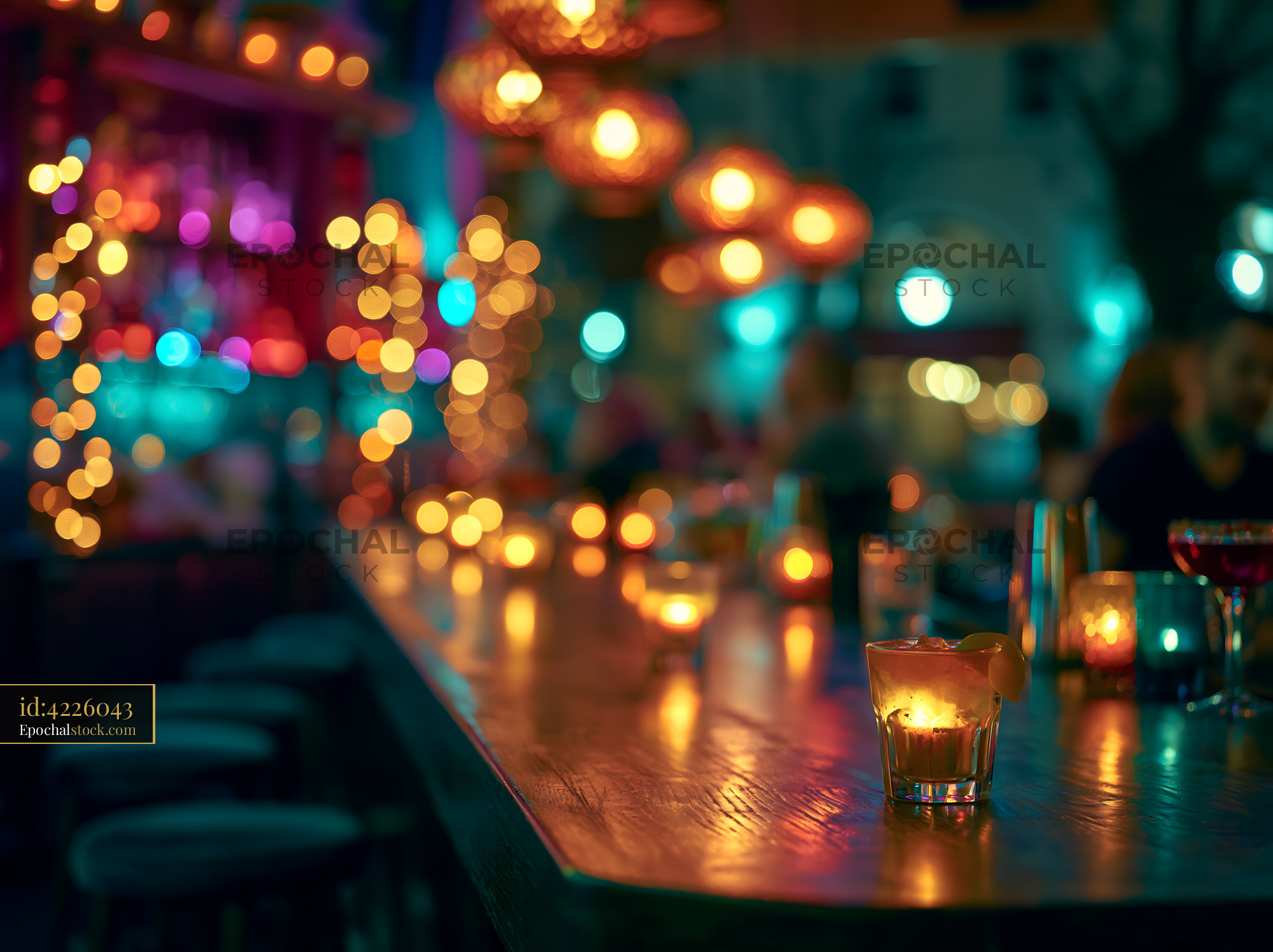 Watermarked full-resolution preview of Bar scene with cocktails and warm light decor