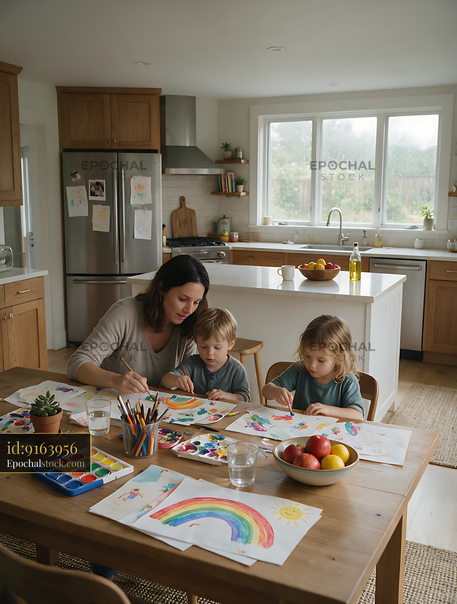 Watermarked full-resolution preview of Mother and children creating colorful artwork in a home kitchen