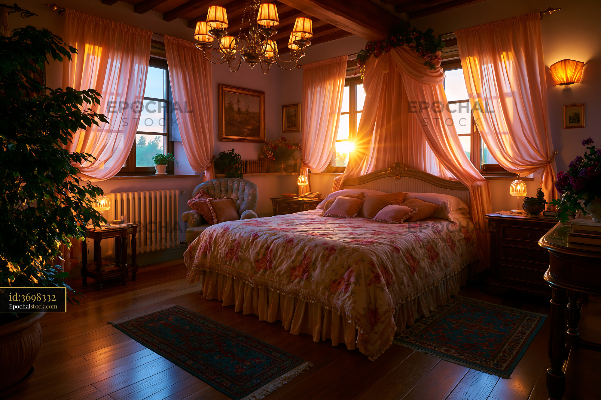Watermarked full-resolution preview of Cozy bedroom with warm lighting at sunset