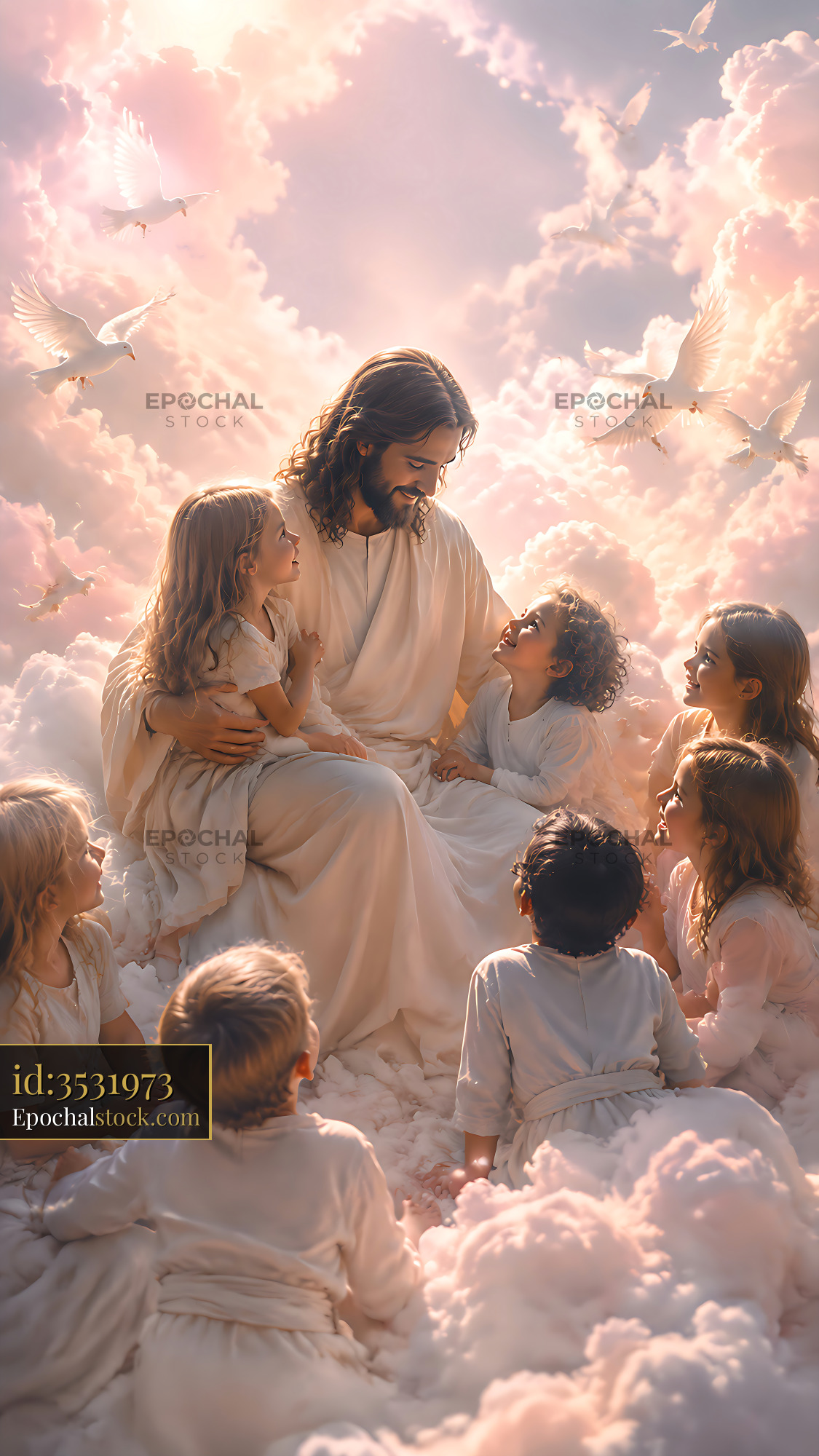 Watermarked full-resolution preview of Jesus surrounded by children in a cloud setting