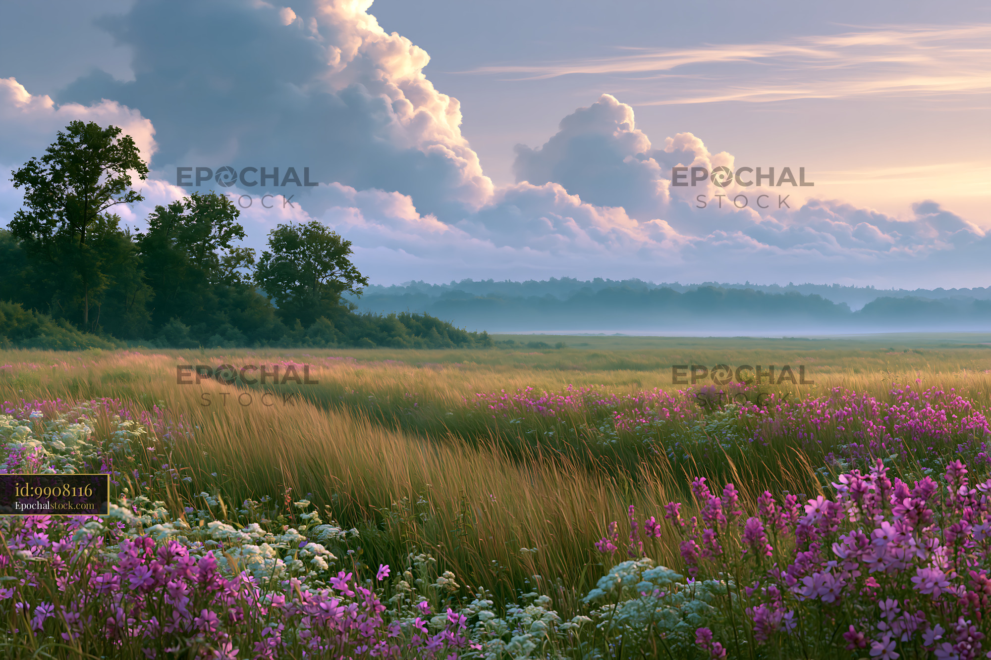 Watermarked full-resolution preview of Vibrant wildflowers in a field during sunset