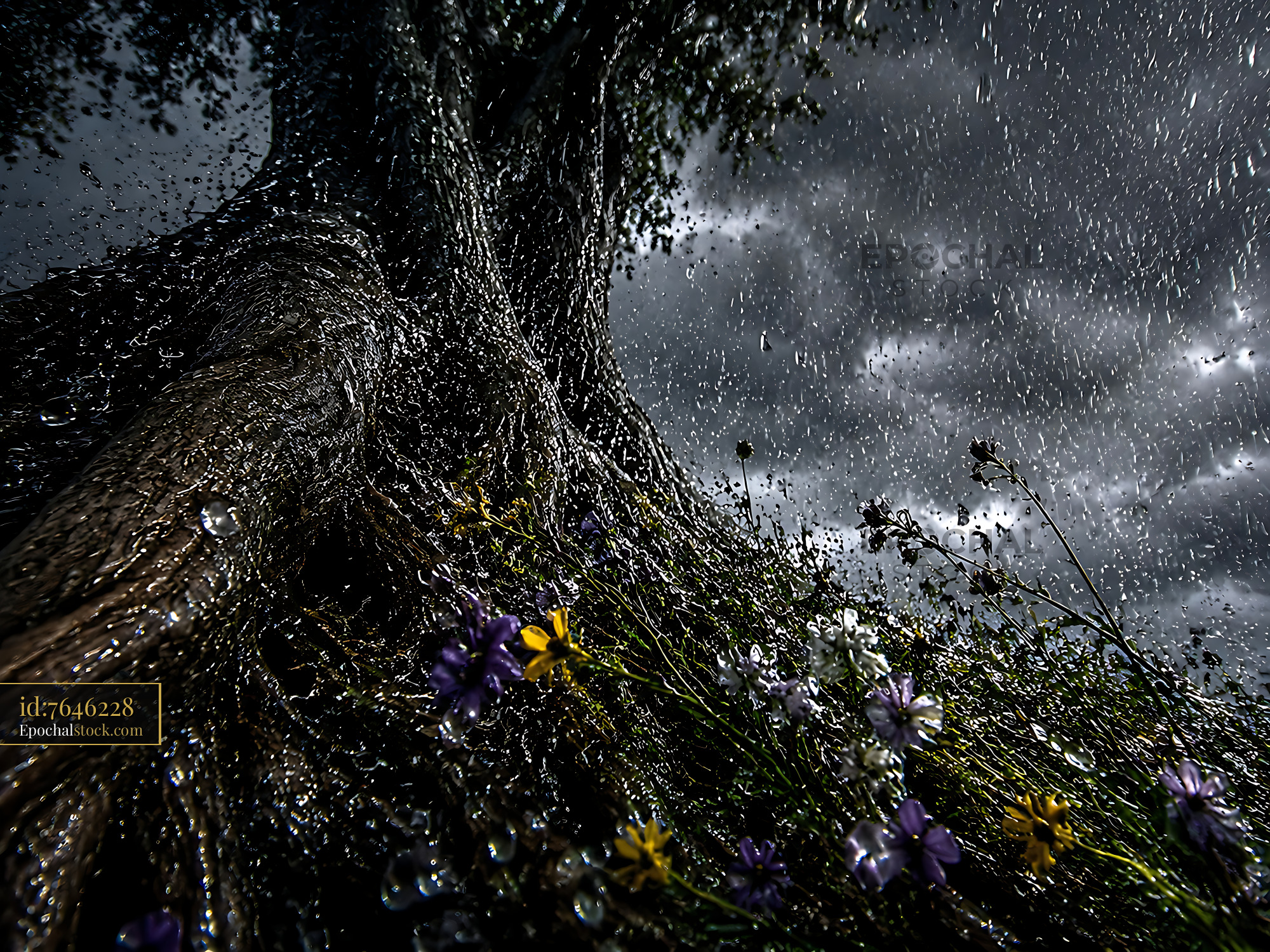 Watermarked full-resolution preview of Rain falls on a tree trunk surrounded by wildflowers