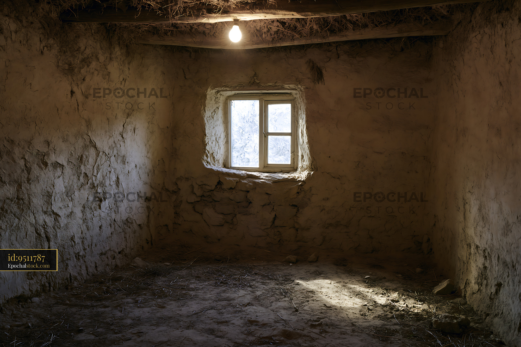 Watermarked full-resolution preview of Interior of a rustic room with clay walls and a single window