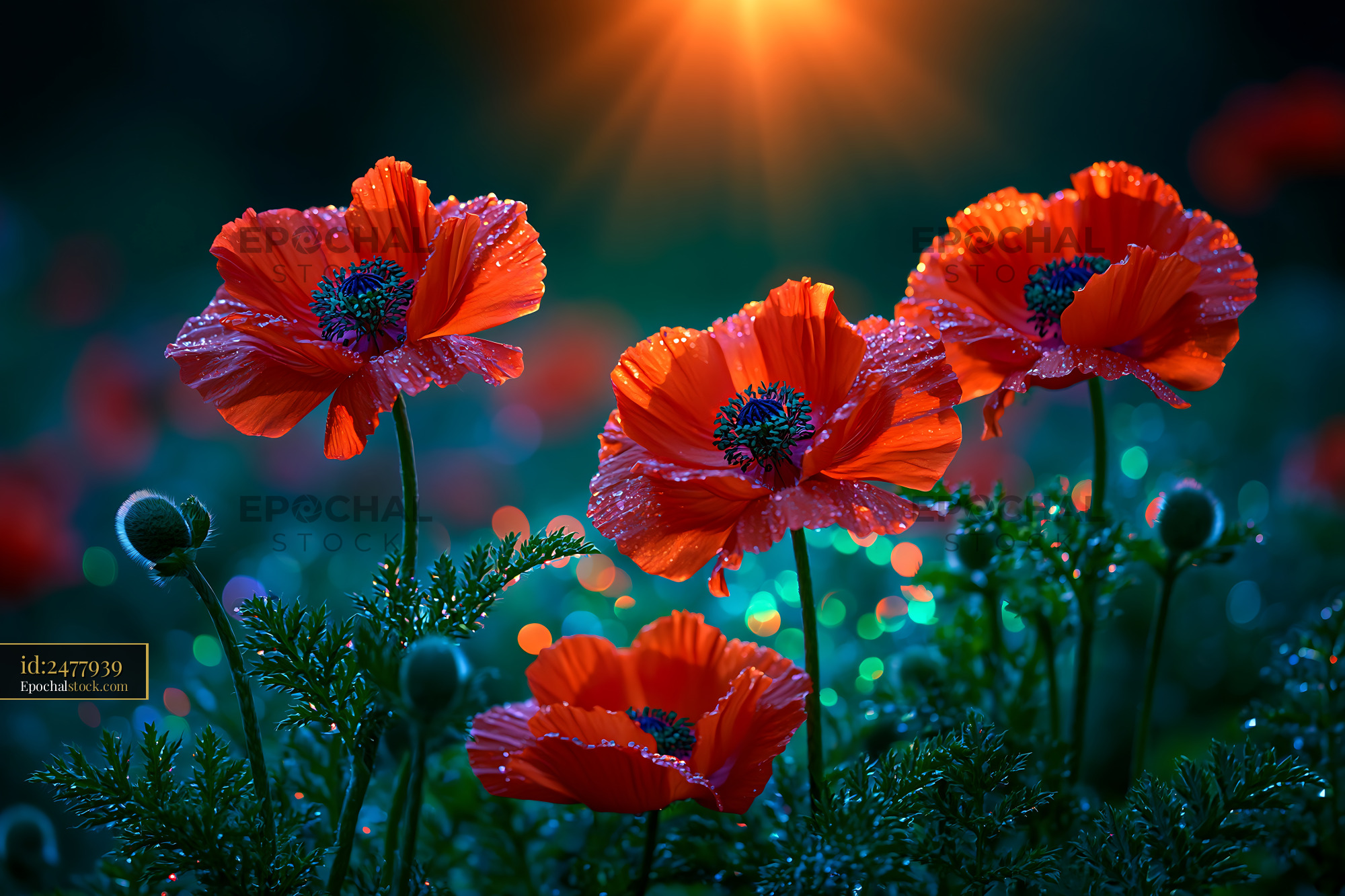 Bright Red Poppies Bloom in the Garden During Sunset - stock photo