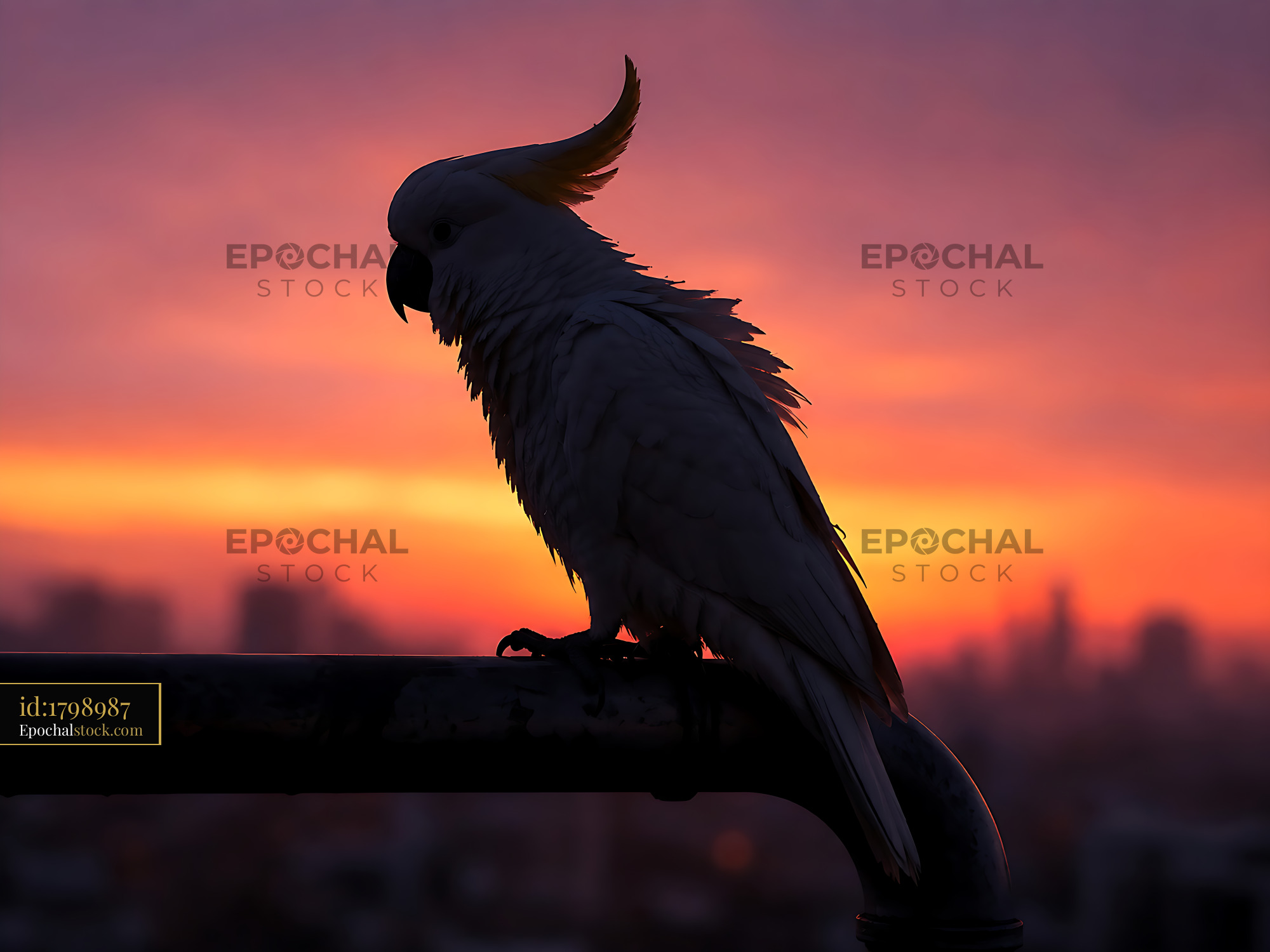 Watermarked full-resolution preview of Cockatoo perched on railing during sunset