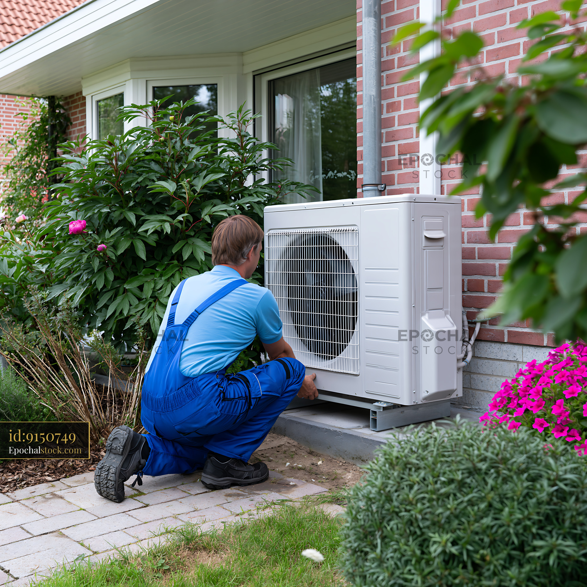 Watermarked full-resolution preview of Technician installing outdoor air conditioning unit