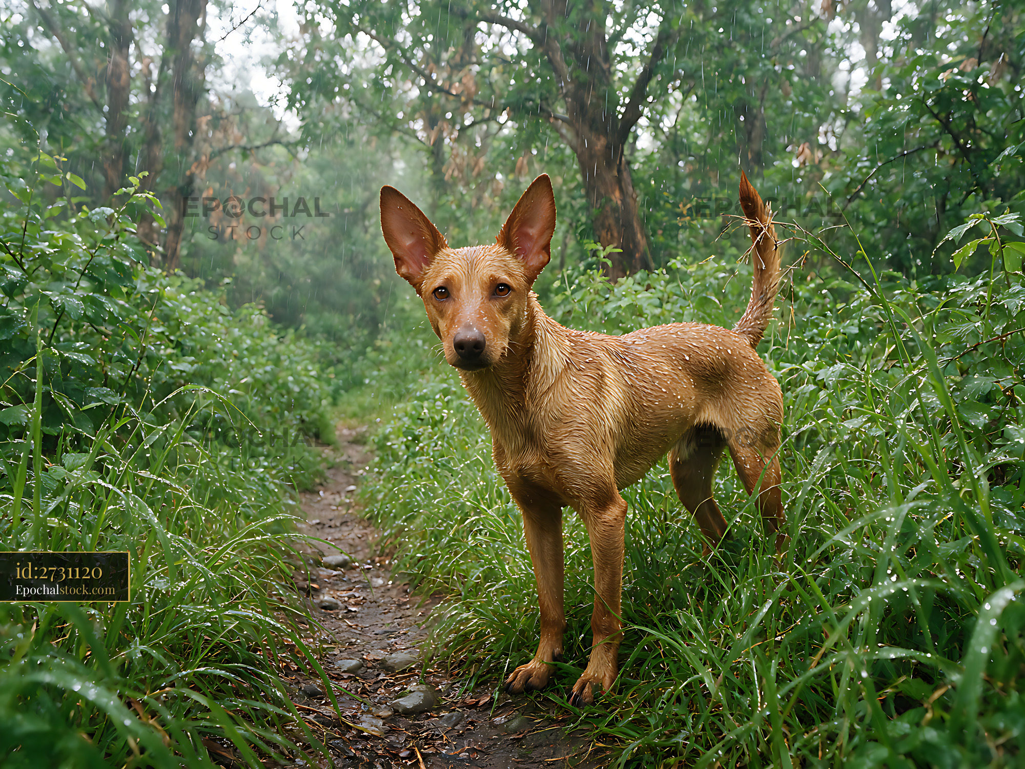 Watermarked full-resolution preview of Wet dog on a lush woodland path