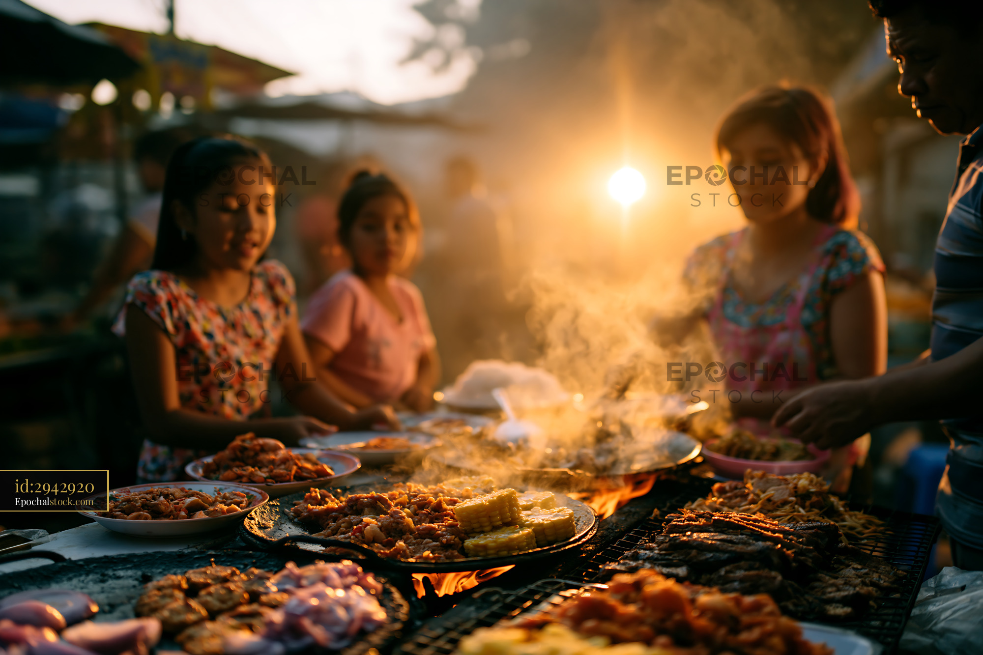 Watermarked full-resolution preview of Food vendors serve grilled dishes at evening market
