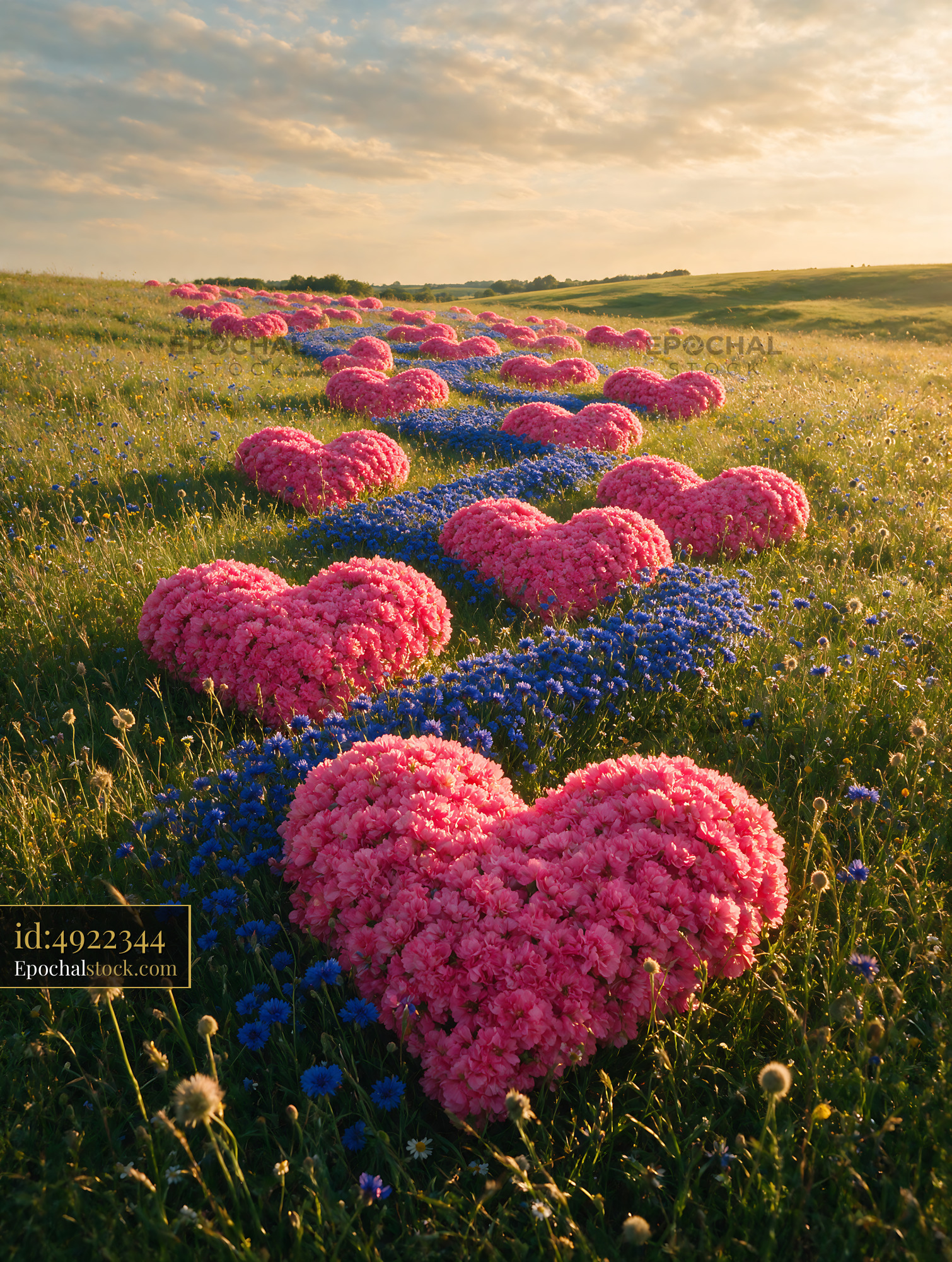 Watermarked full-resolution preview of Colorful flower hearts in a meadow at sunset