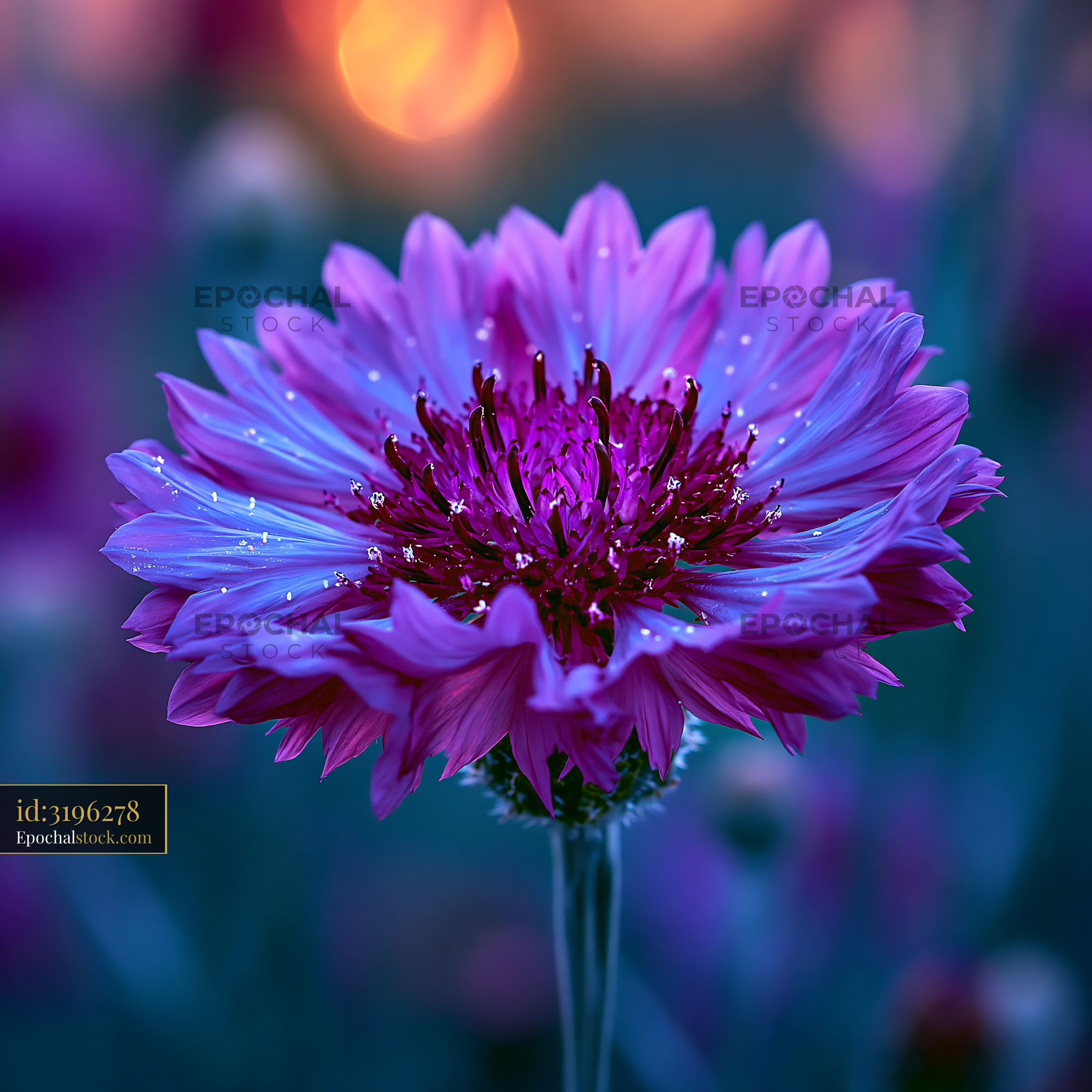 Watermarked full-resolution preview of Vibrant flower with dew drops at sunset