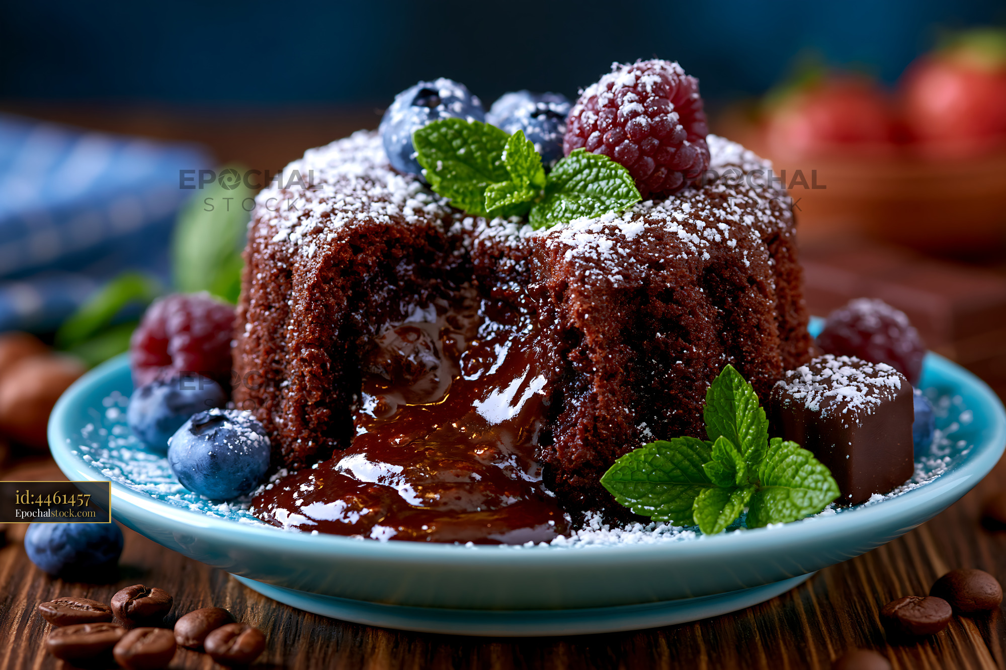 Watermarked full-resolution preview of Chocolate lava cake with fresh berries and mint leaves on a plate