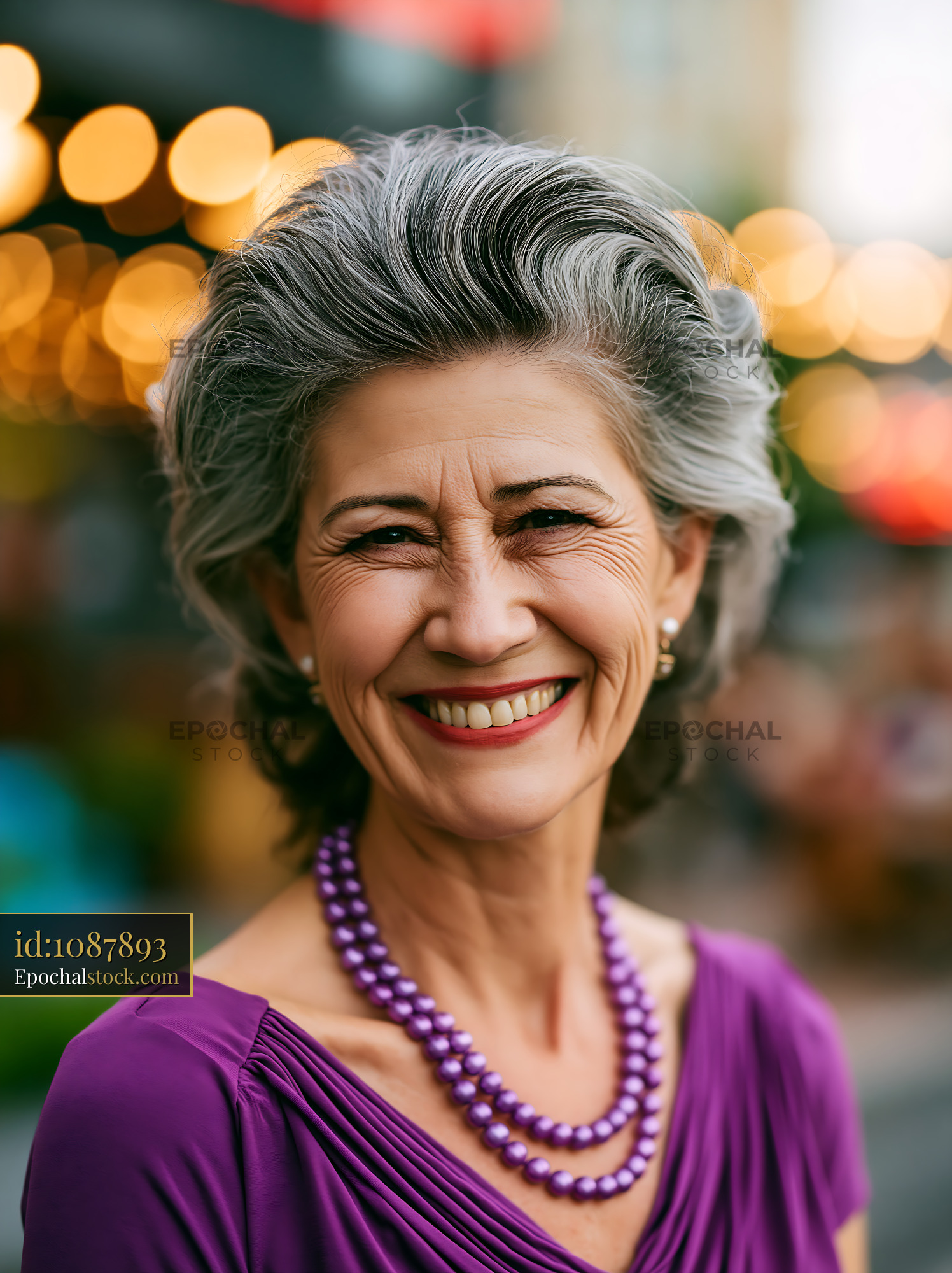 Watermarked full-resolution preview of Smiling woman in purple outfit with necklace in outdoor setting