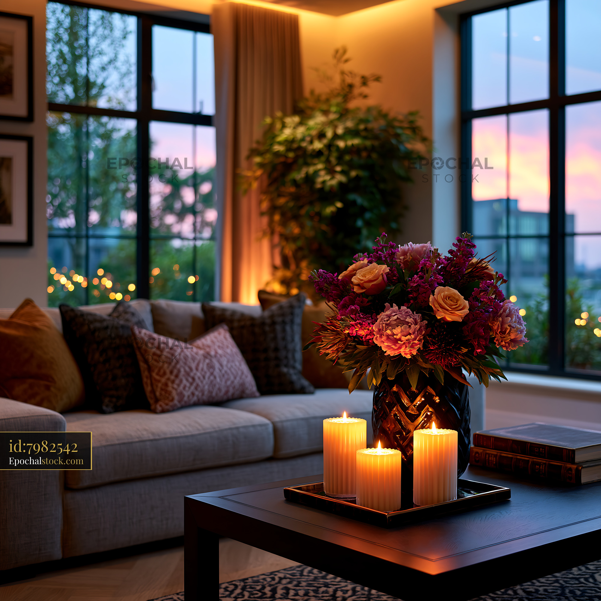 Watermarked full-resolution preview of Cozy living room with candles and flowers in the evening light