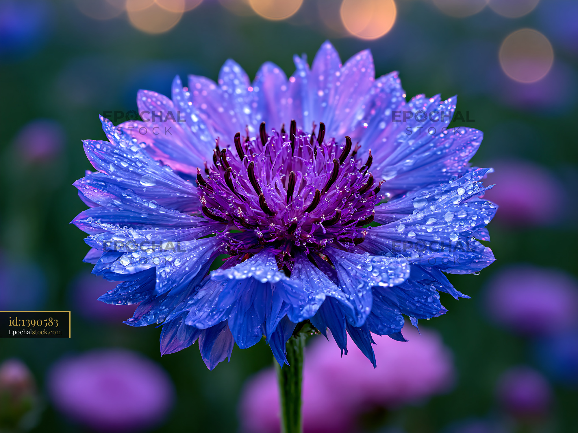 Watermarked full-resolution preview of Vibrant blue flower with droplets in a garden