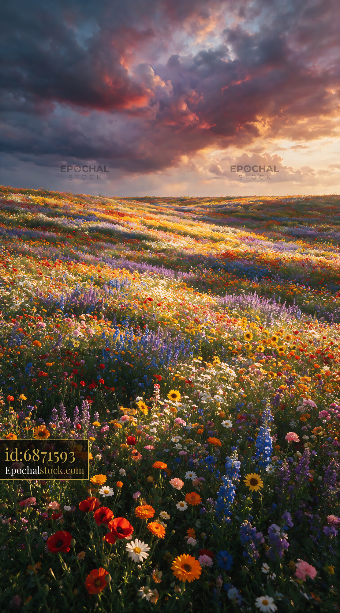 Watermarked full-resolution preview of Vibrant flower field during sunset in a rolling landscape