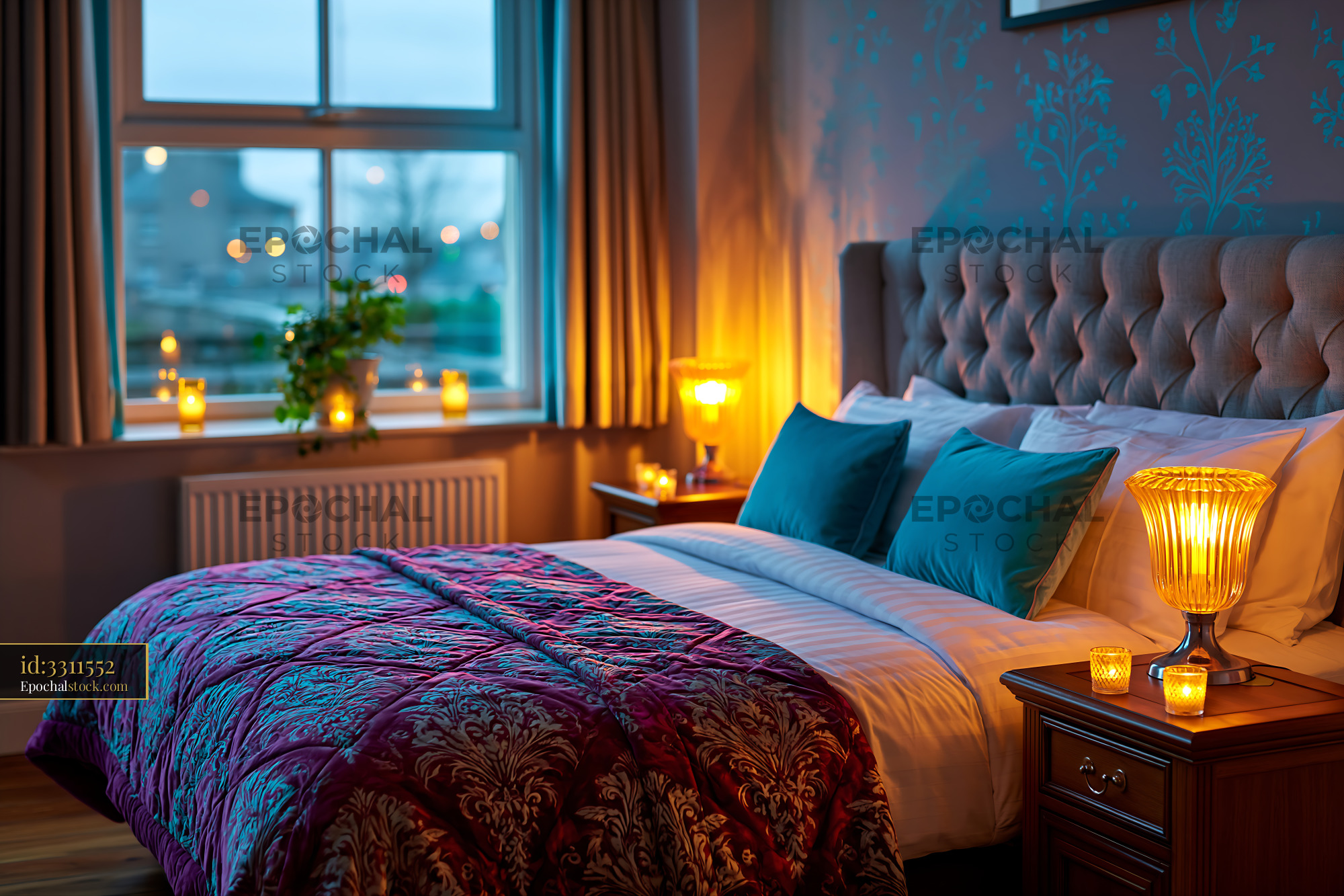 Boutique Hotel Bedroom With Warm Lighting and Cozy Decor - stock photo