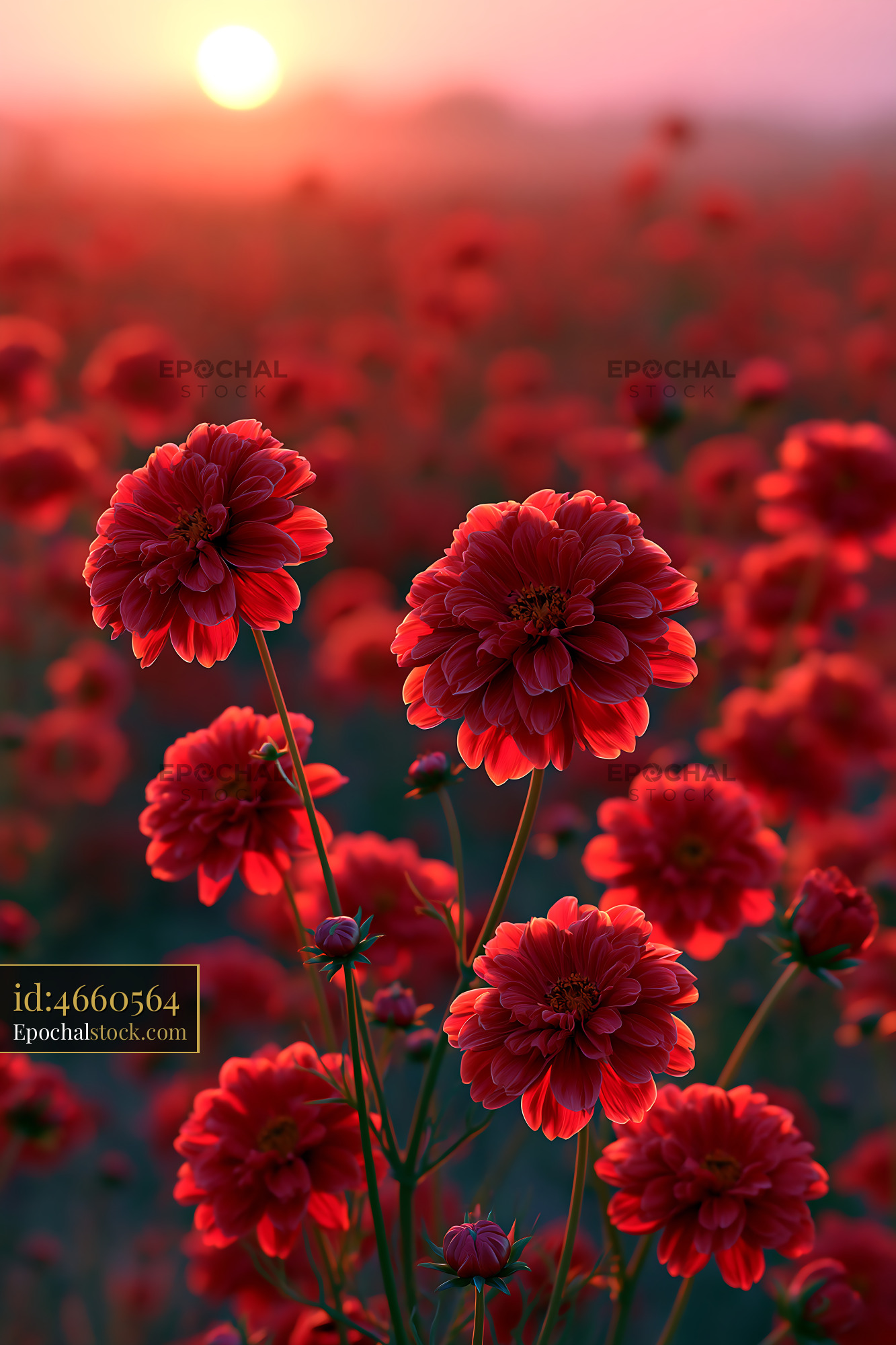 Watermarked full-resolution preview of Flowers bloom in a field at sunset