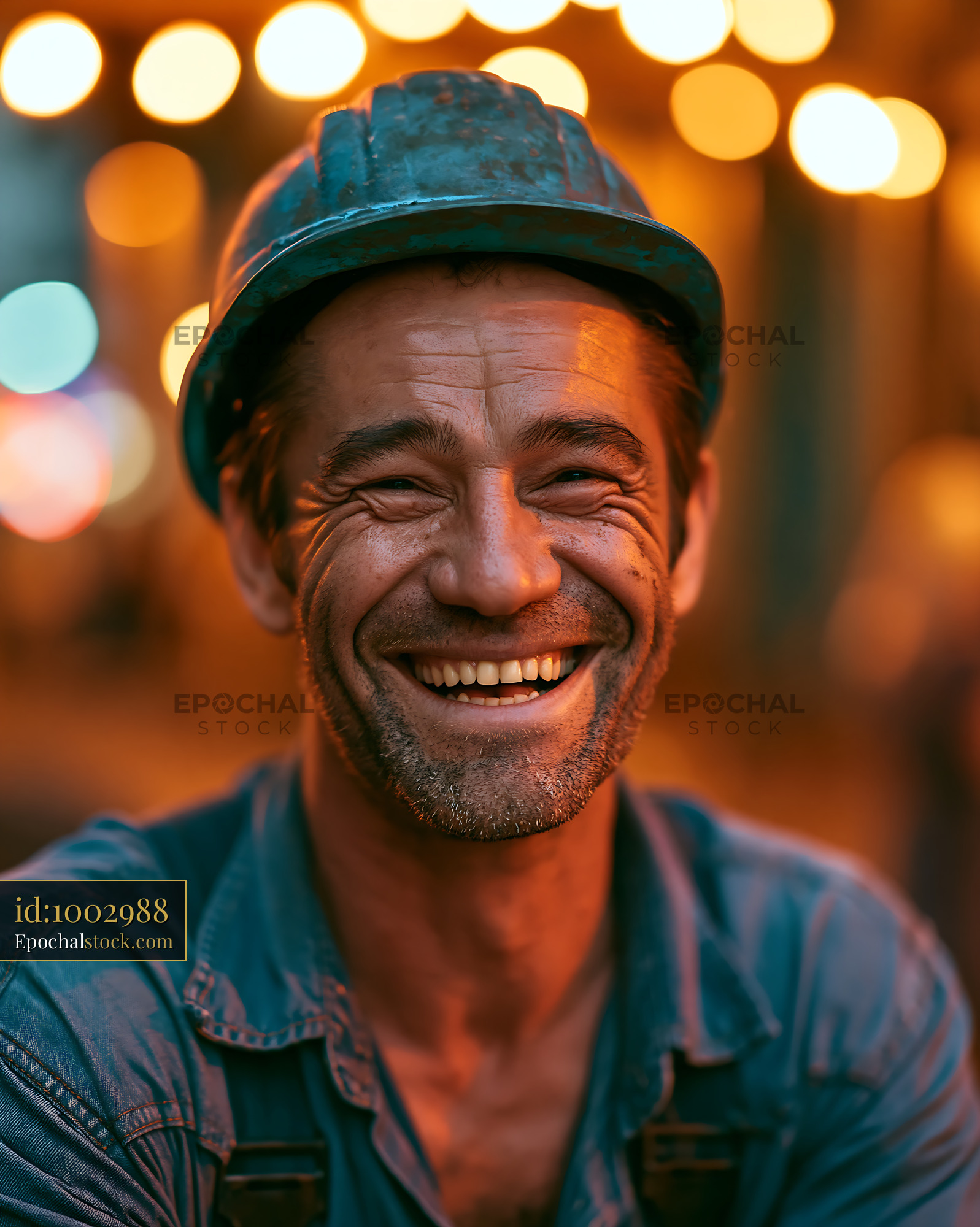 Watermarked full-resolution preview of Happy construction worker smiling under lights