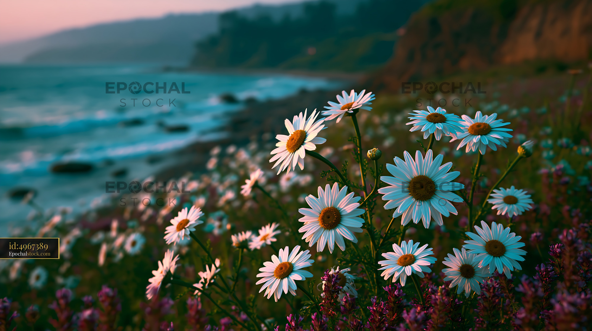 Watermarked full-resolution preview of Daisies blooming along a coastal shoreline at sunset