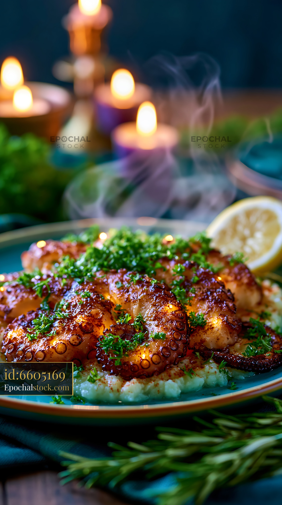 Watermarked full-resolution preview of Close-up glazed octopus dinner with herbs and lemon