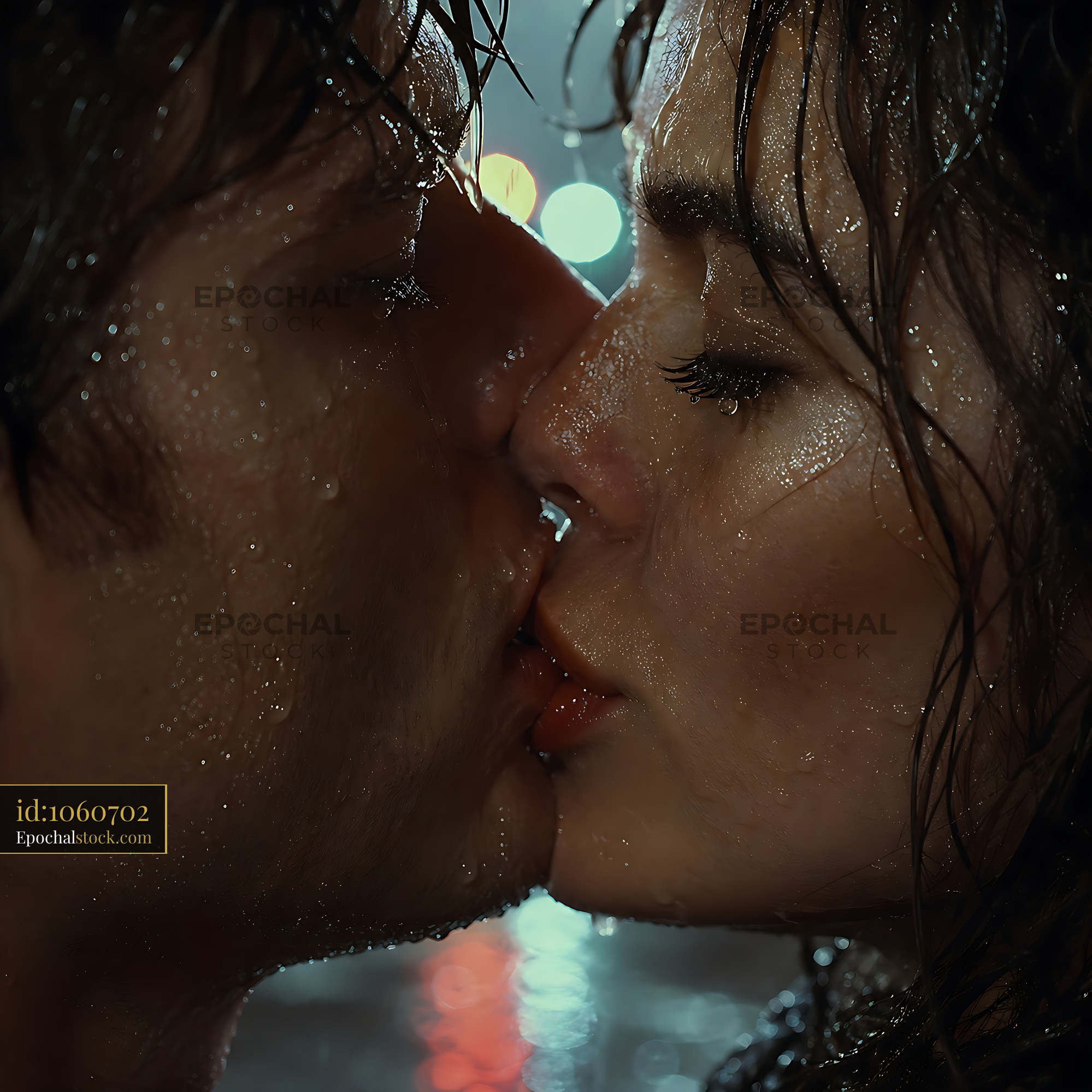 Watermarked full-resolution preview of Couple kissing in the rain at night