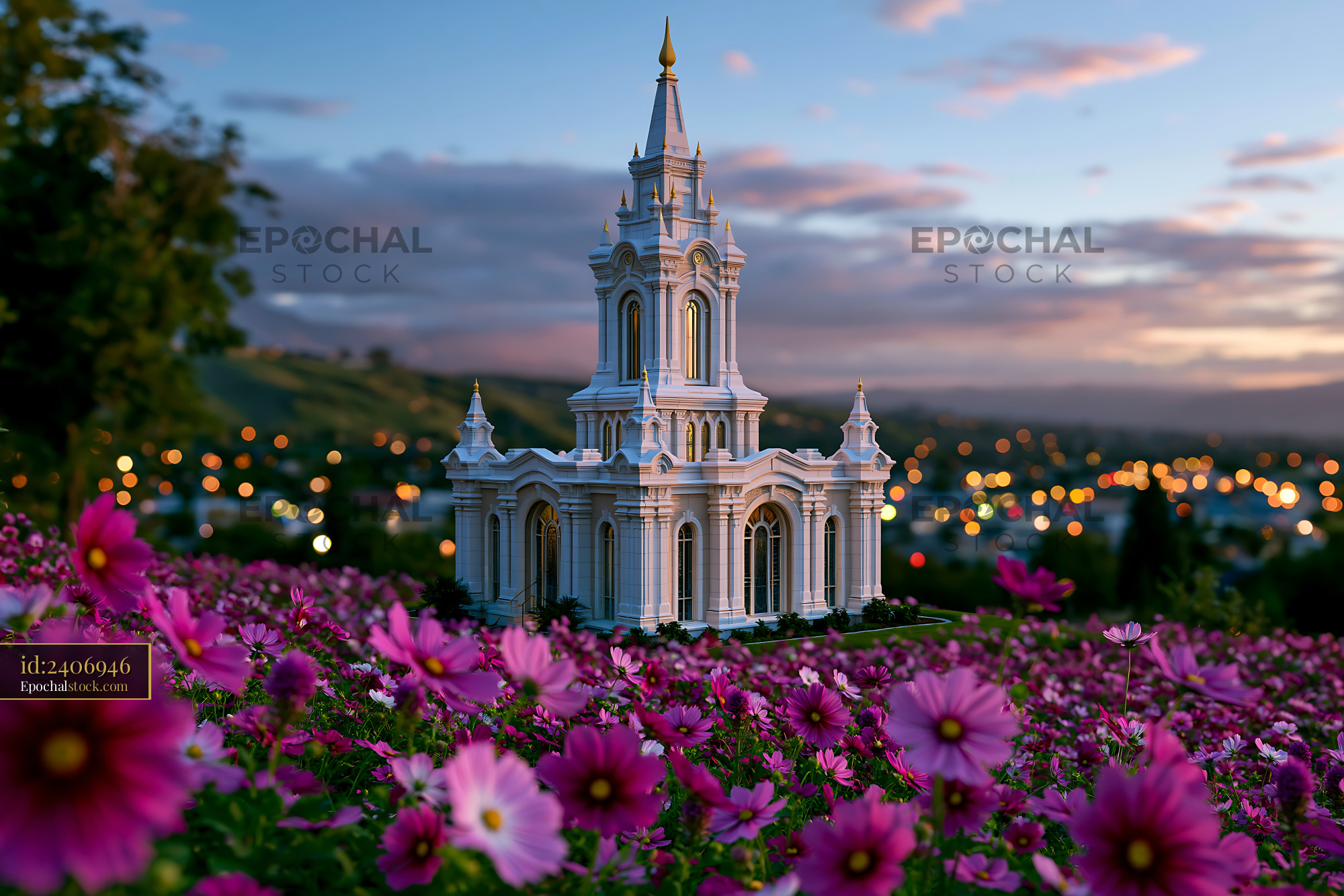 Watermarked full-resolution preview of Beautiful architecture in a flower field during sunset