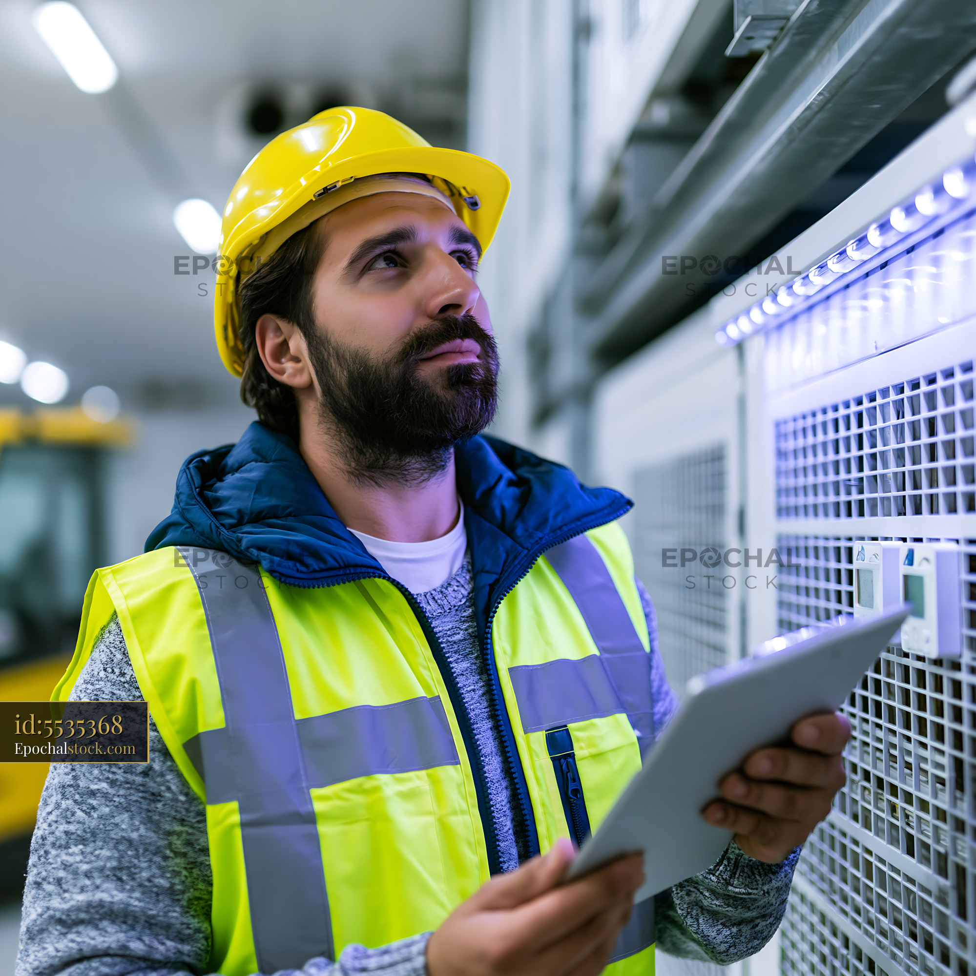 Watermarked full-resolution preview of Worker in safety gear checks equipment indoors at a facility