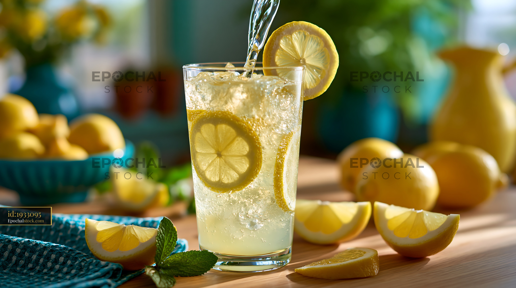 Watermarked full-resolution preview of Fresh lemonade with sliced lemons and mint on a wooden table