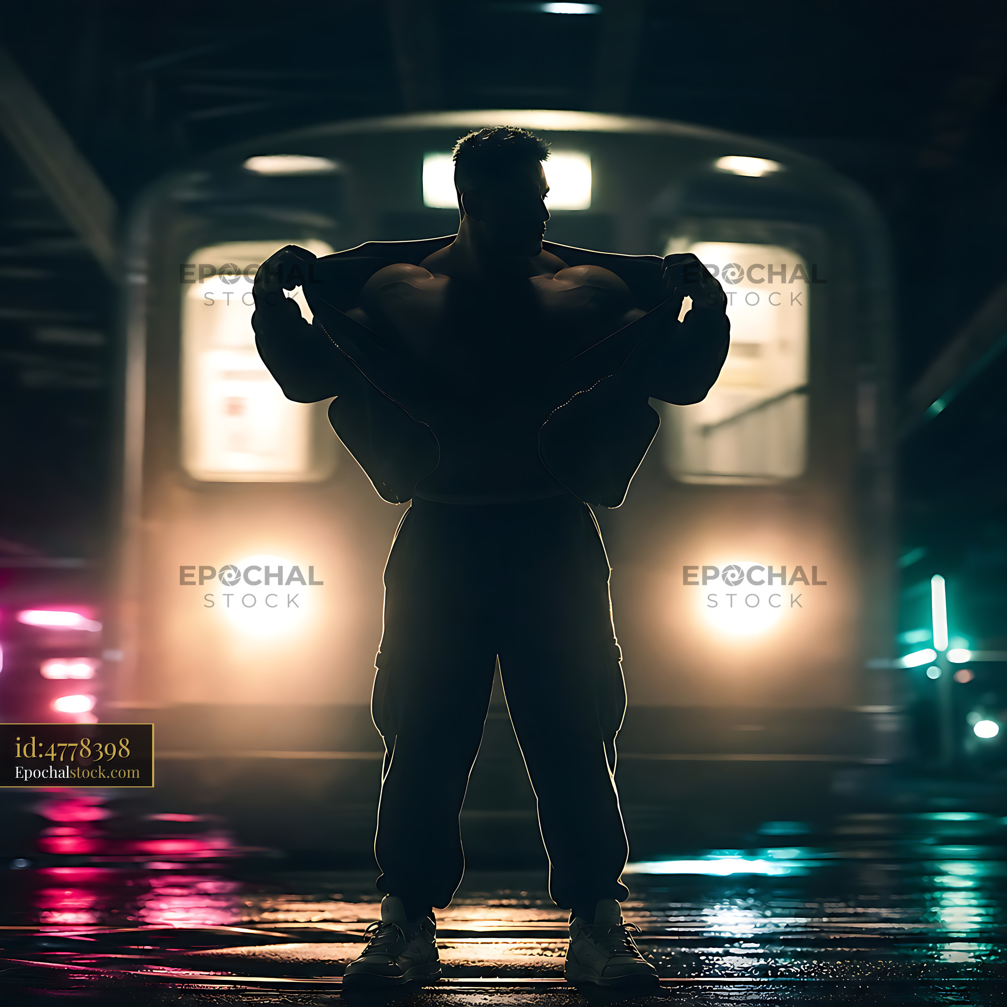 Man Standing Under Train Lights at Night Revealing Torso - stock photo