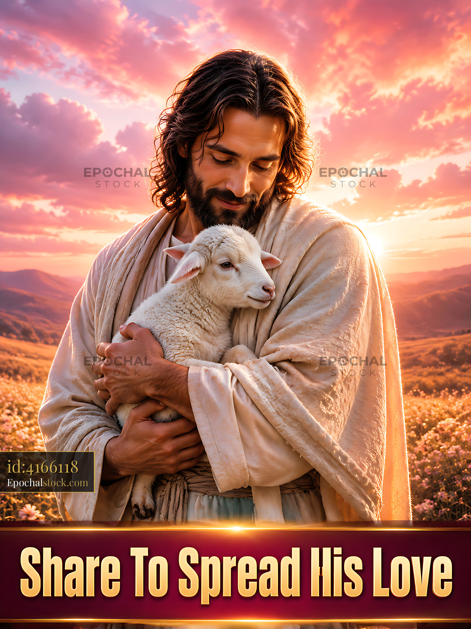 Watermarked full-resolution preview of Man holding a lamb against a sunset backdrop