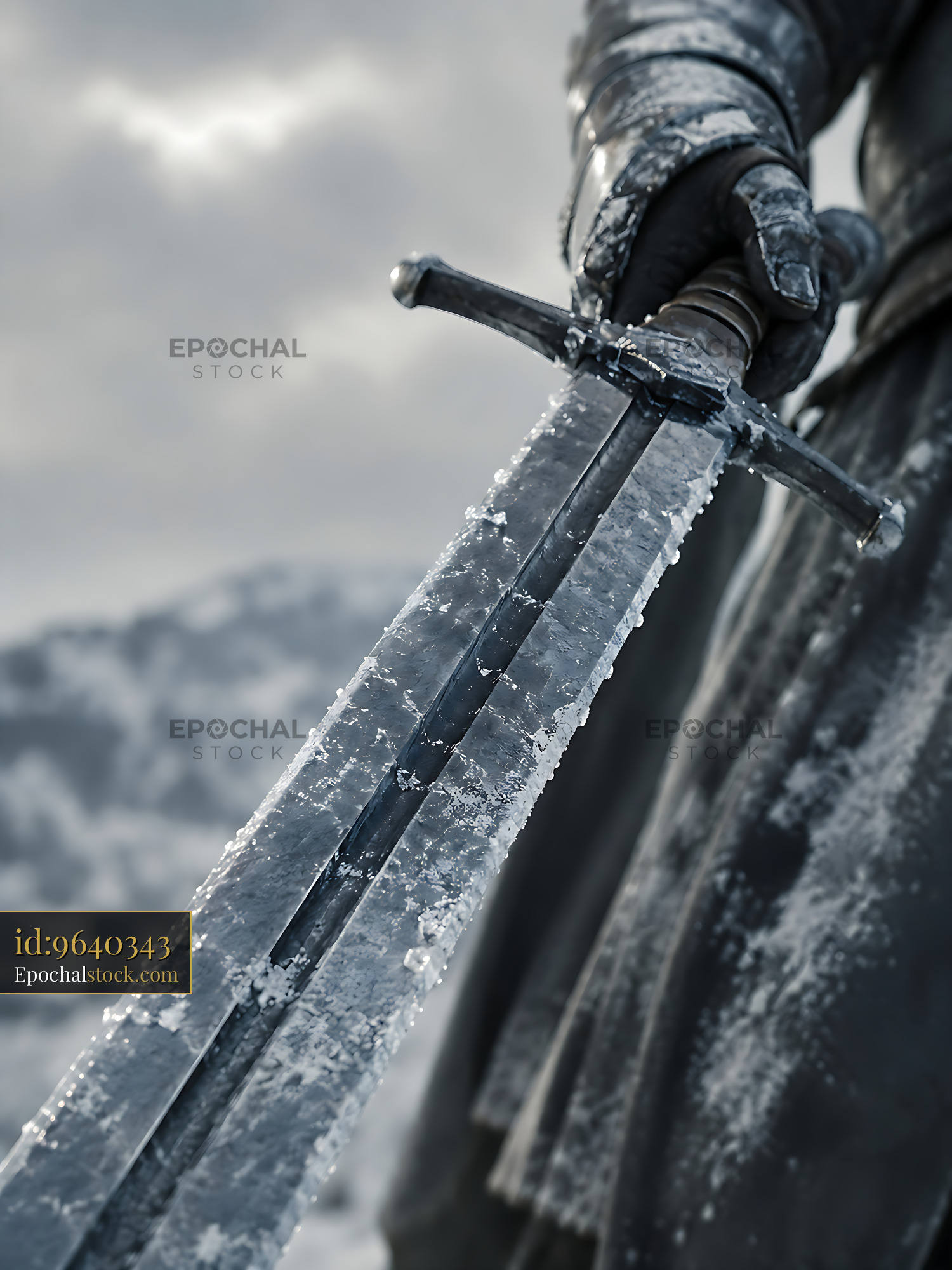 Watermarked full-resolution preview of Sword covered in ice held by a figure in a winter landscape