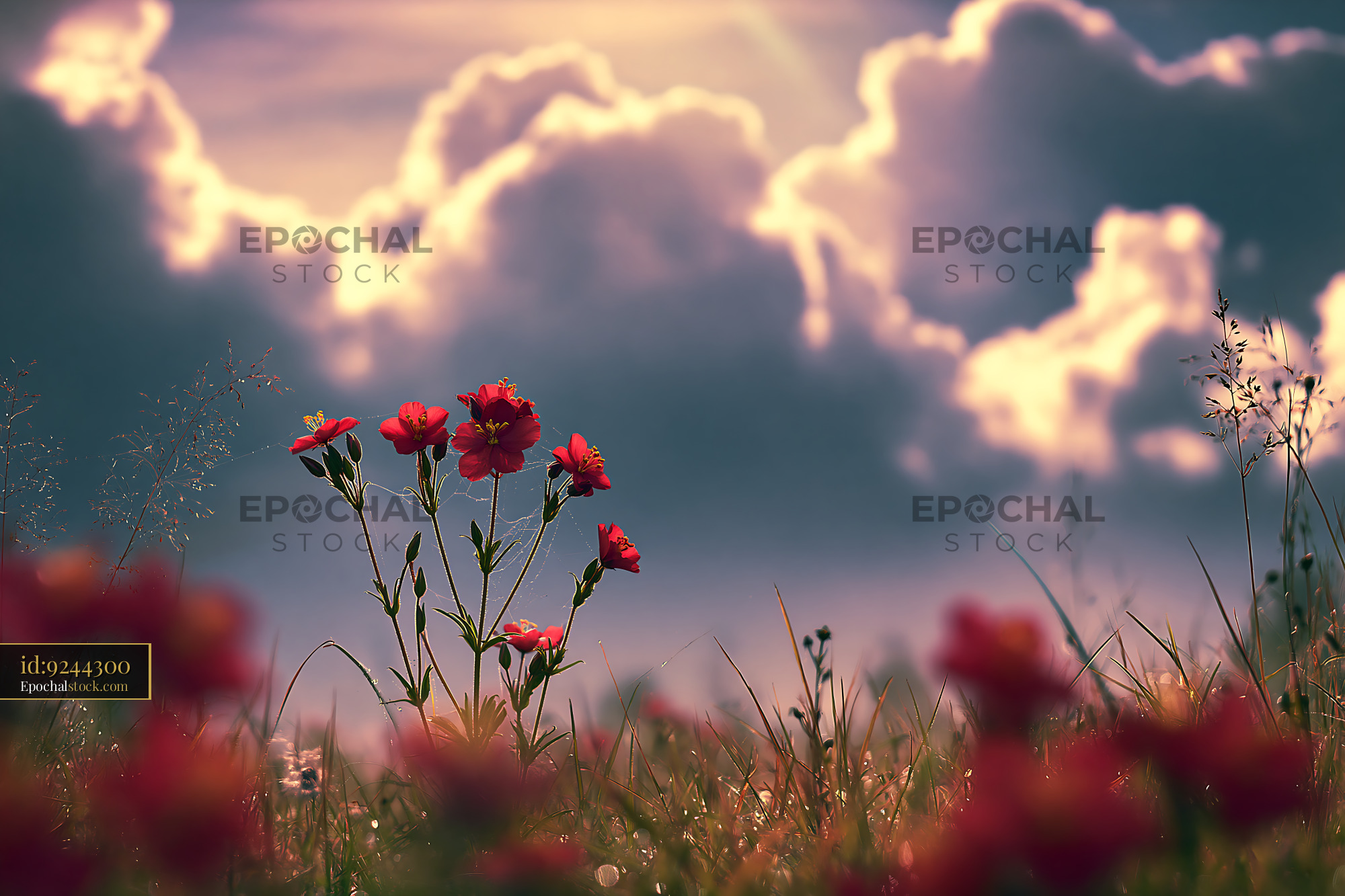 Pimpernel Wildflowers in Field With Cloudy Sky at Golden Hour - stock photo