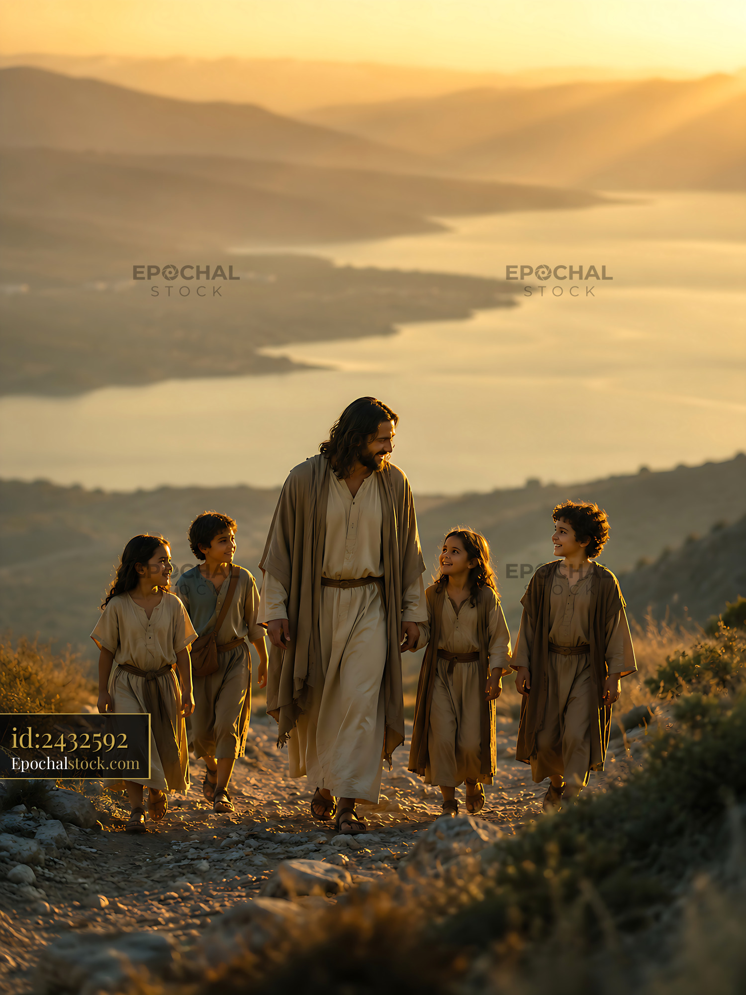 Watermarked full-resolution preview of Walking down a path with children at sunset